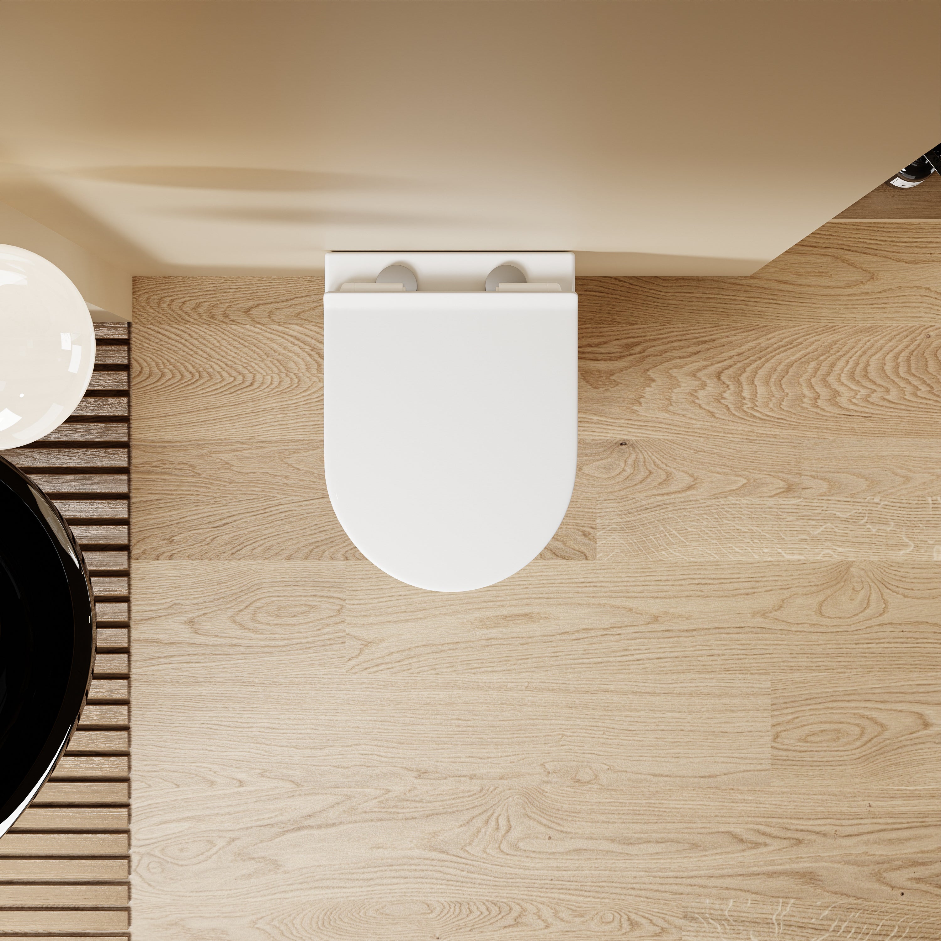 Vue de dessus d'un WC suspendu blanc SOLEIL, design moderne, avec abattant Soft Close.
