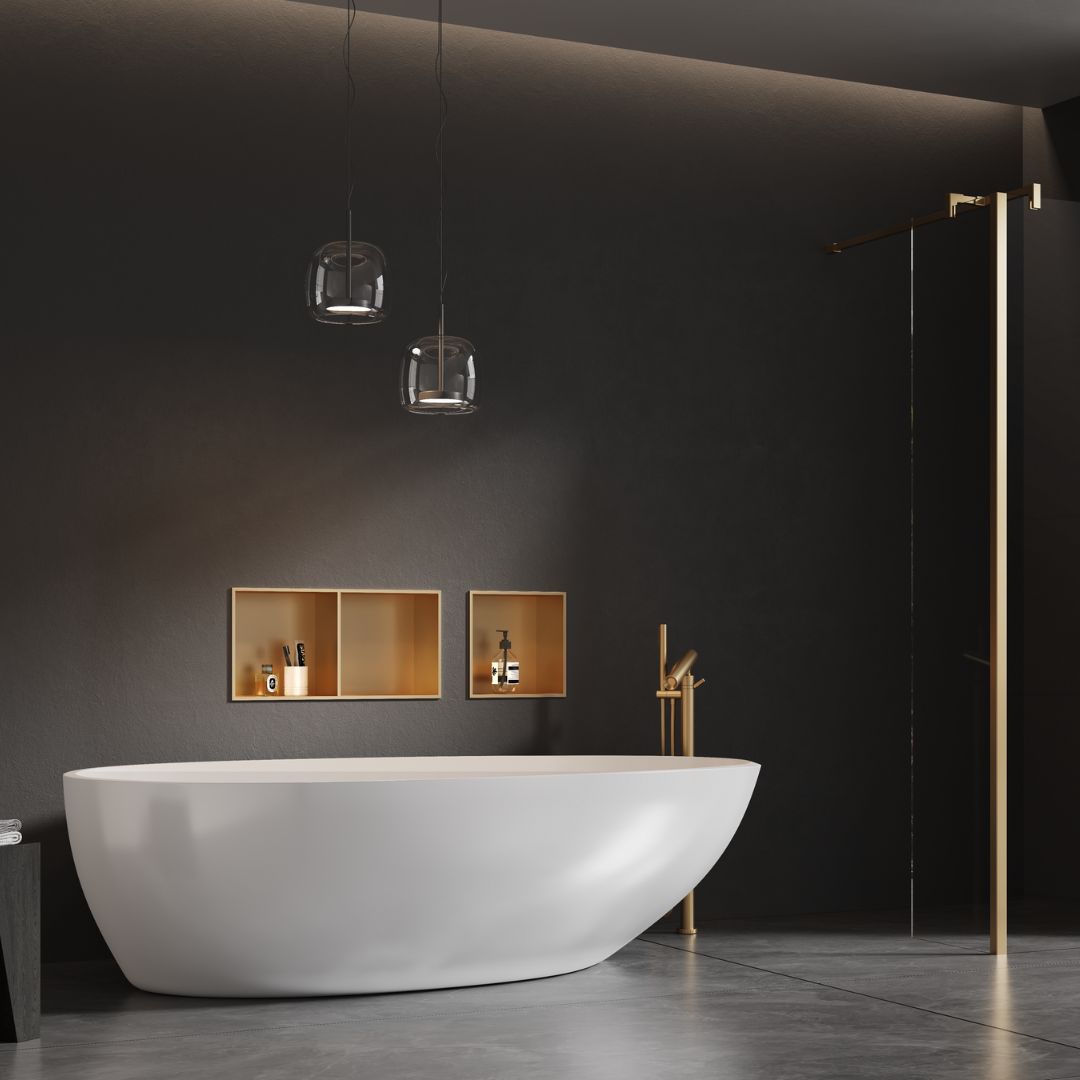 Niche de douche carrée dorée 30x30x12cm : Niche élégante à cadre doré pour l'organisation de la salle de bain, parfaite pour le rangement du shampoing et du savon.