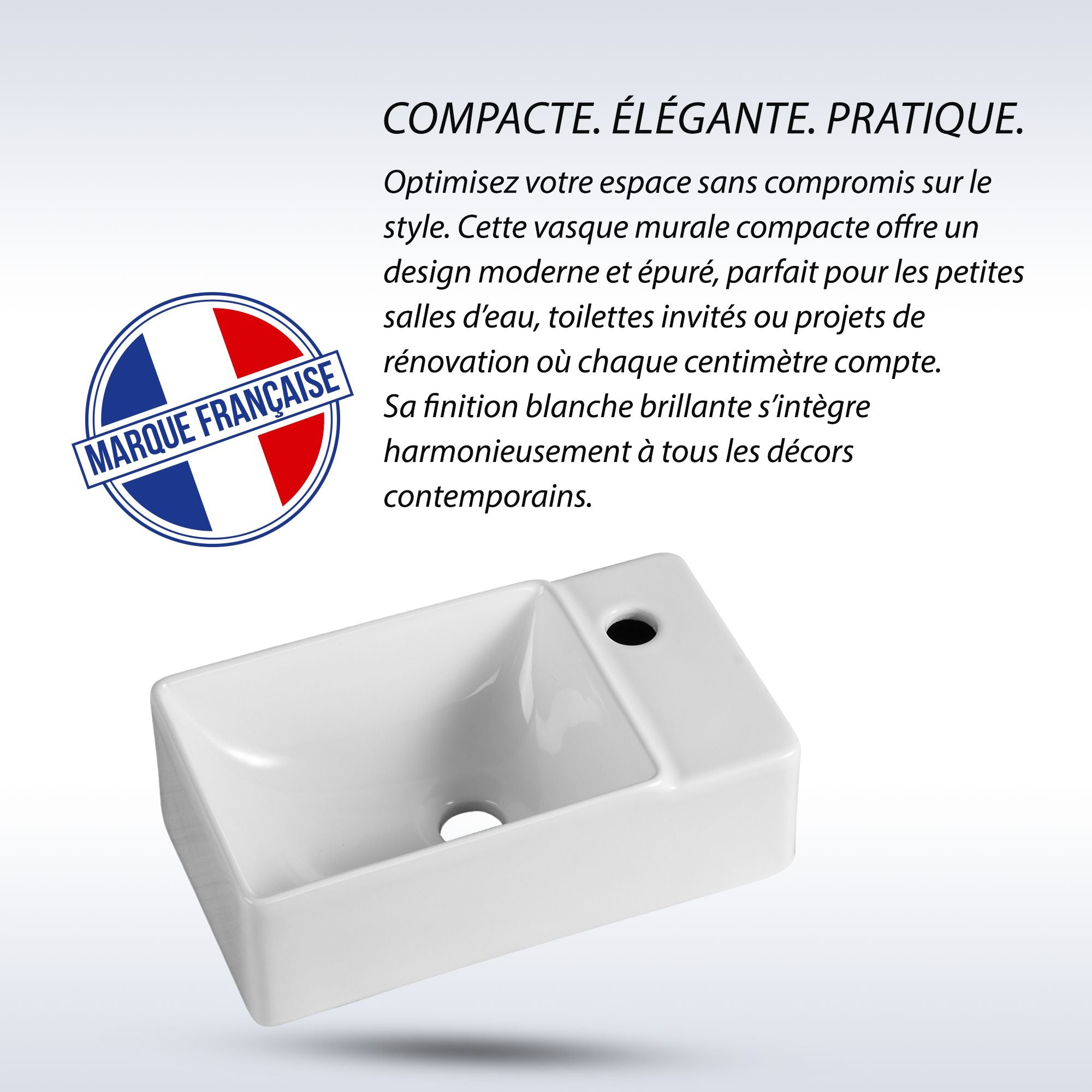Vasque murale compacte et élégante en blanc brillant avec évacuation droite.