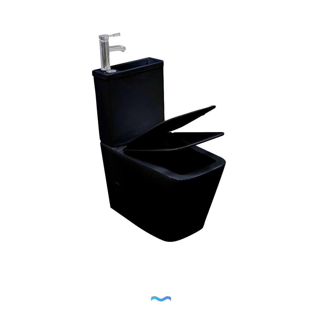 Toilettes suspendues noires avec lavabo et robinet intégrés