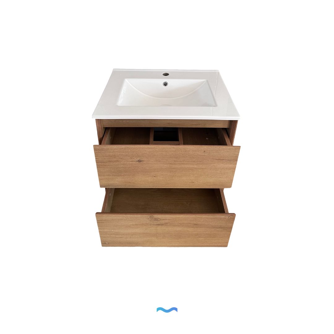 Meuble sous-vasque effet bois 60 cm : Meuble de salle de bain à deux tiroirs avec vasque en céramique blanche intégrée