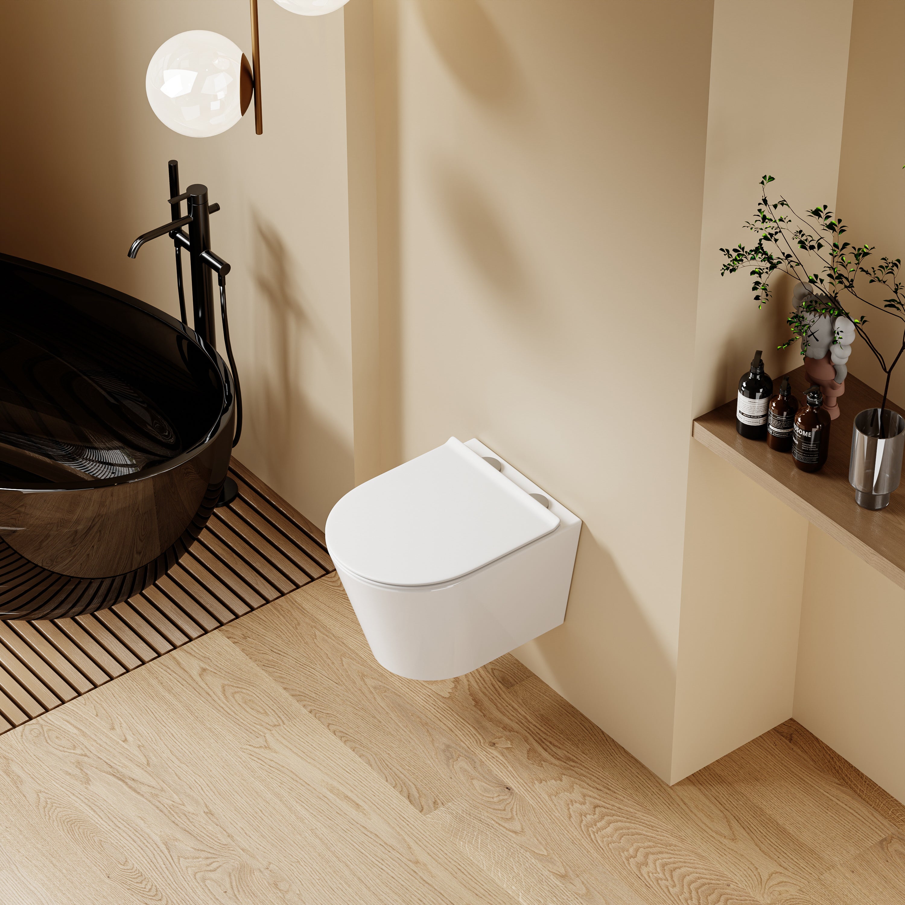 WC suspendu blanc SOLEIL au design moderne, dimensions 49x36,5x32 cm, avec abattant Soft Close.