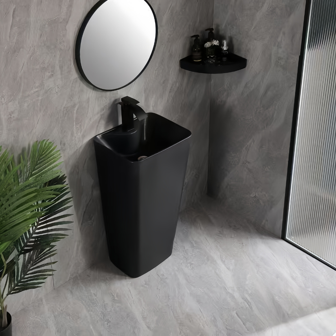 Lavabo Totem Noir Rectangulaire et Fin: Sleek black rectangular pedestal sink, modern bathroom vanity