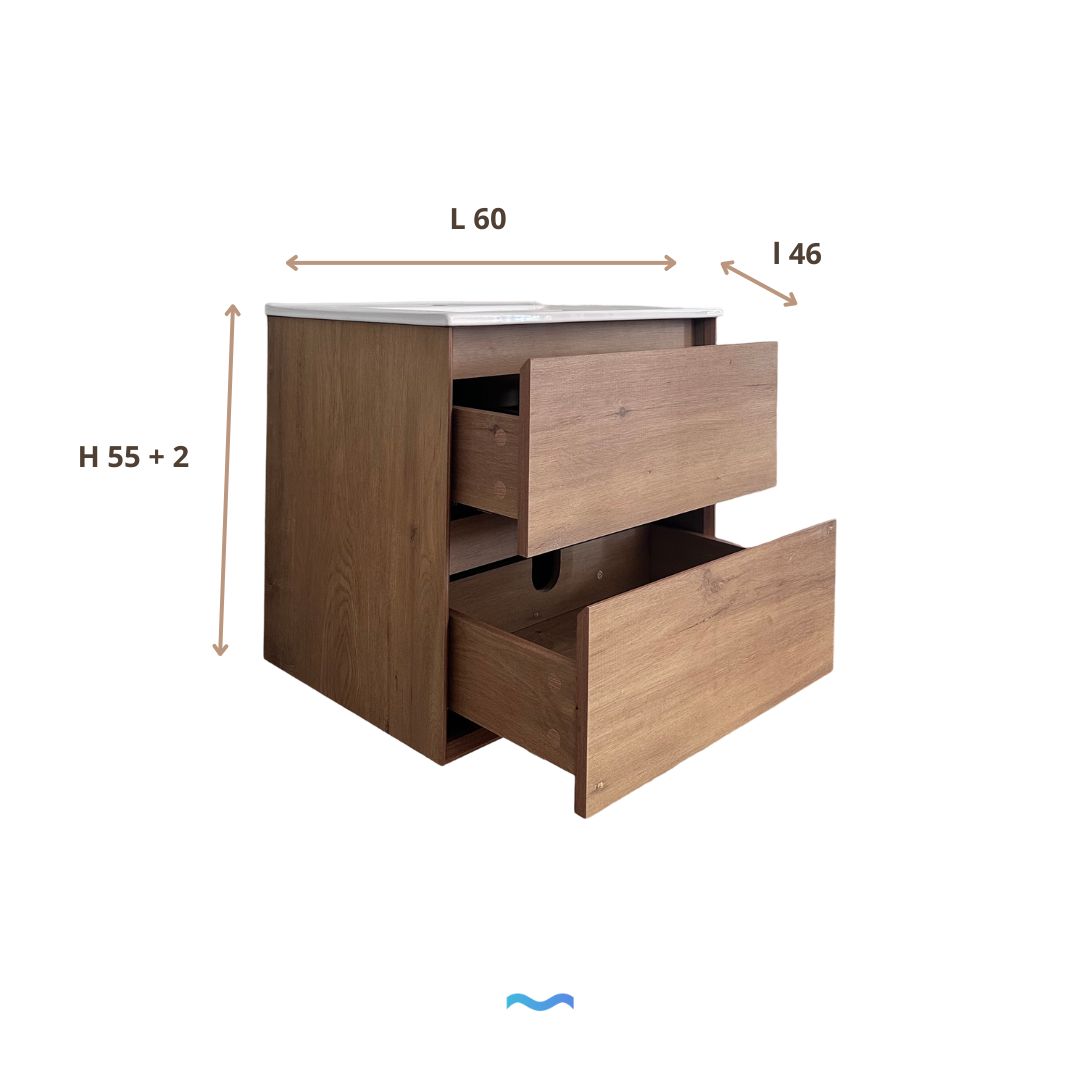 Meuble de salle de bain mural en bois clair de 60 cm à 2 tiroirs avec lavabo blanc