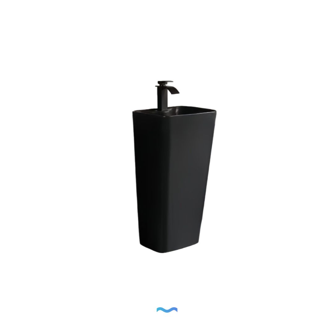 Lavabo Totem Noir Rectangulaire et Fin: Sleek black rectangular pedestal sink