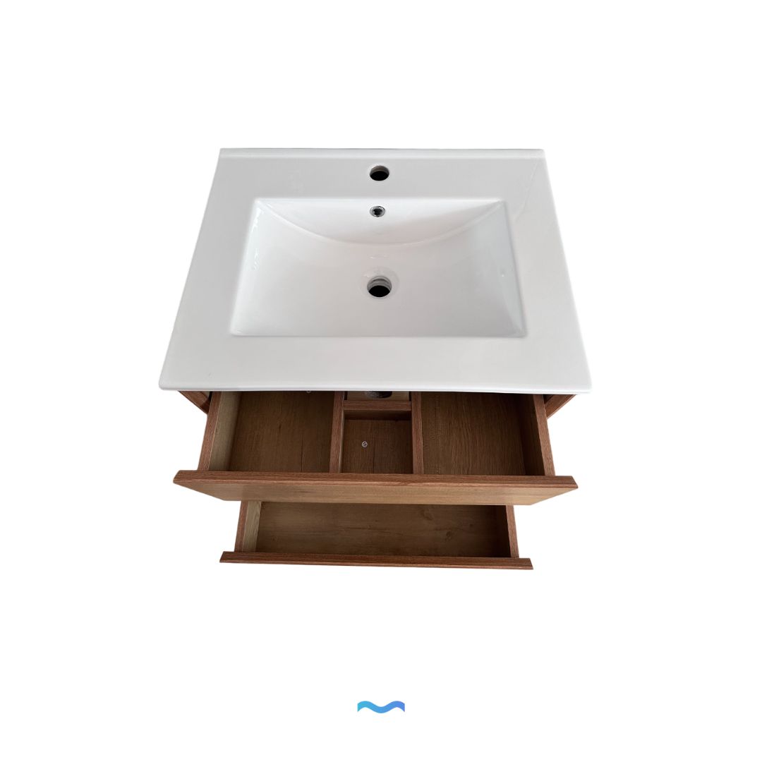 Meuble sous-vasque en bois clair 60 cm : Lavabo mural avec deux tiroirs et vasque en céramique blanche