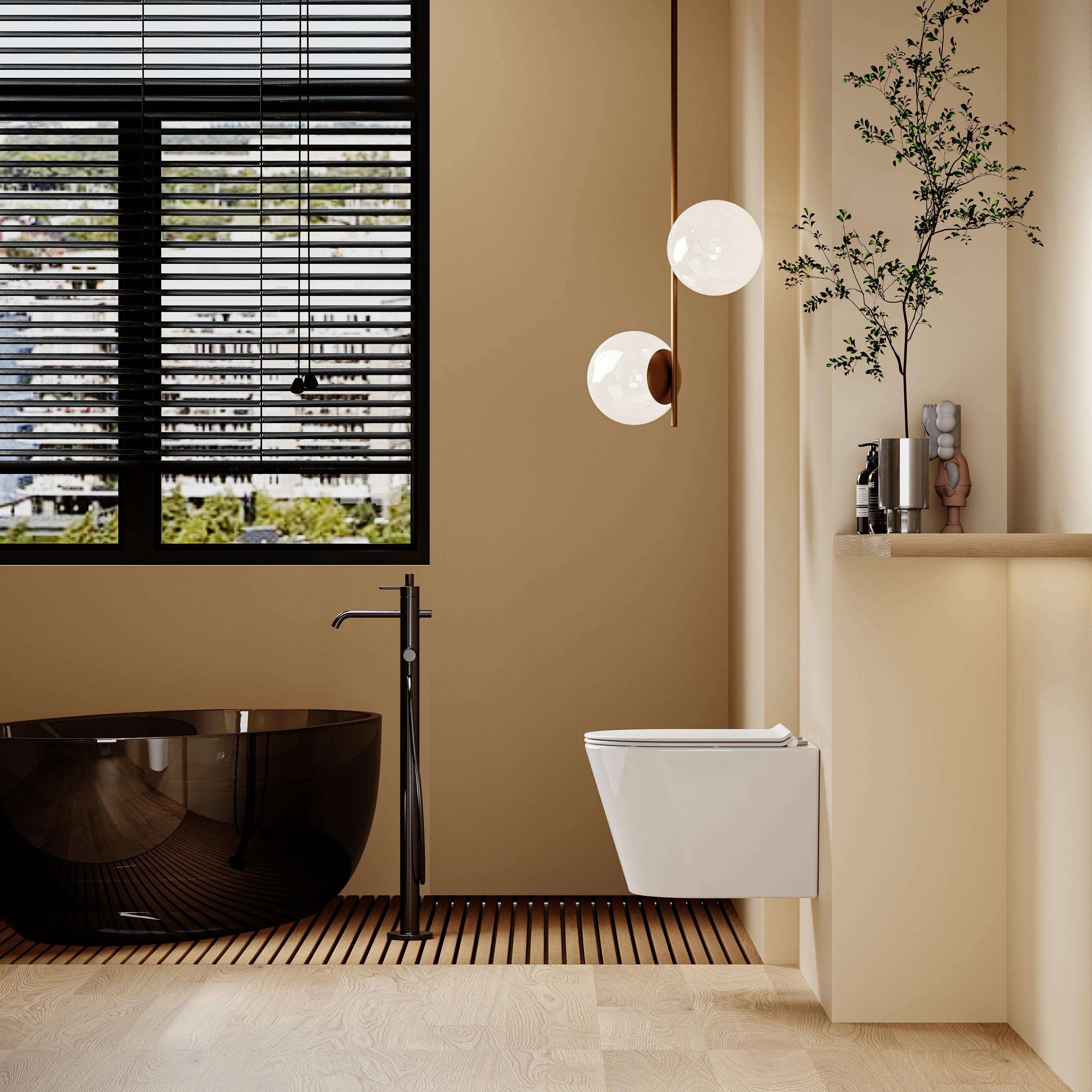 WC suspendu blanc SOLEIL, 49 cm, design moderne, abattant Soft Close dans une salle de bain épurée.