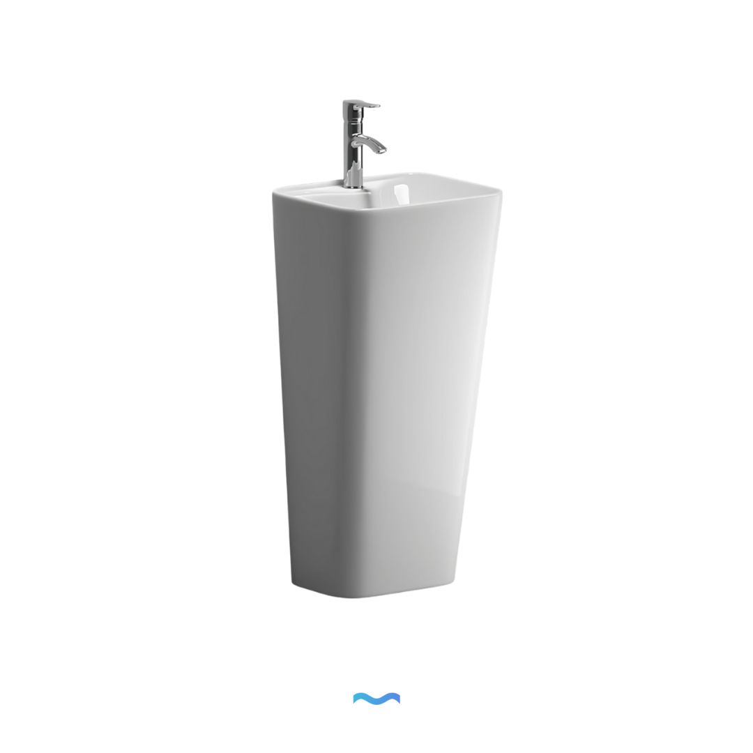 Lavabo Totem Blanc Rectangulaire et Fin: Sleek, modern rectangular pedestal sink with chrome faucet.