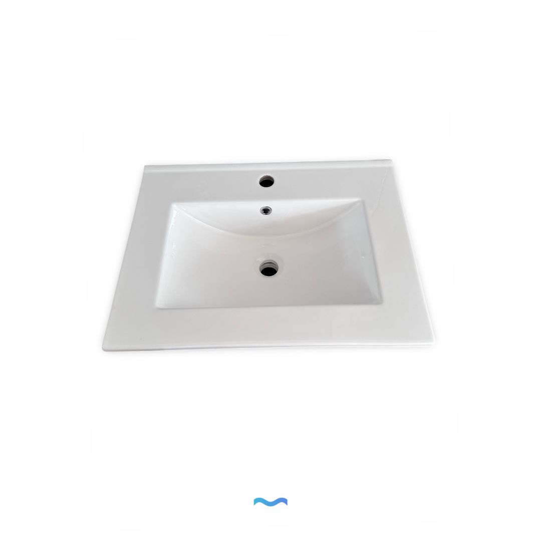 Lavabo de salle de bain en céramique blanche avec vasque rectangulaire et plan de travail intégré
