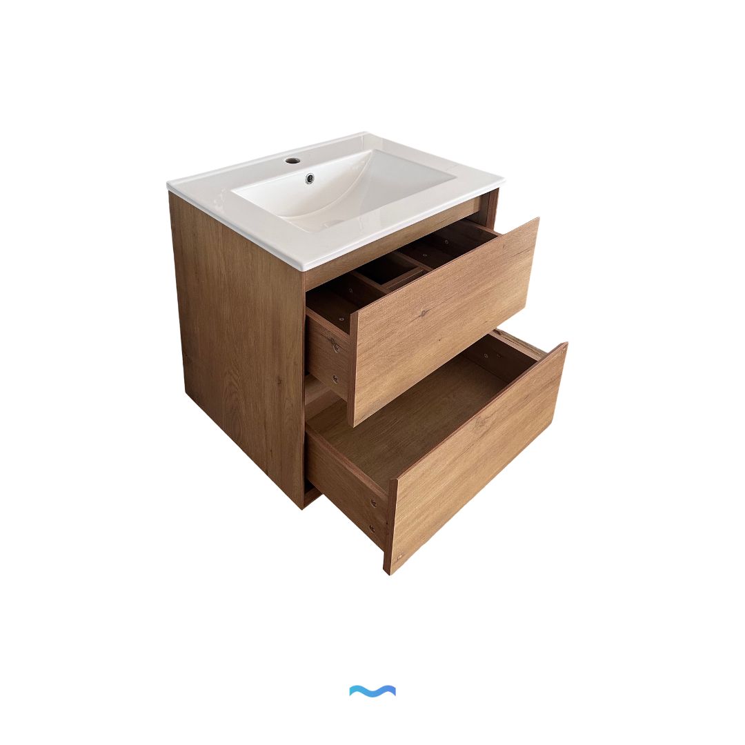 Meuble de salle de bain mural effet bois clair de 60 cm avec deux tiroirs et vasque en céramique blanche.