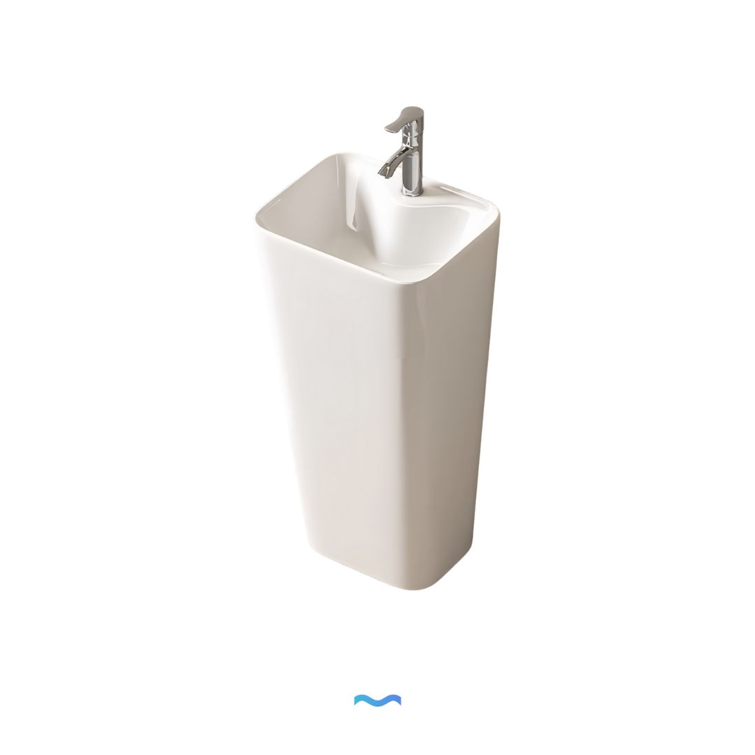 Lavabo Totem Blanc Rectangulaire et Fin : Lavabo sur colonne blanc rectangulaire et élégant avec robinet chromé moderne.