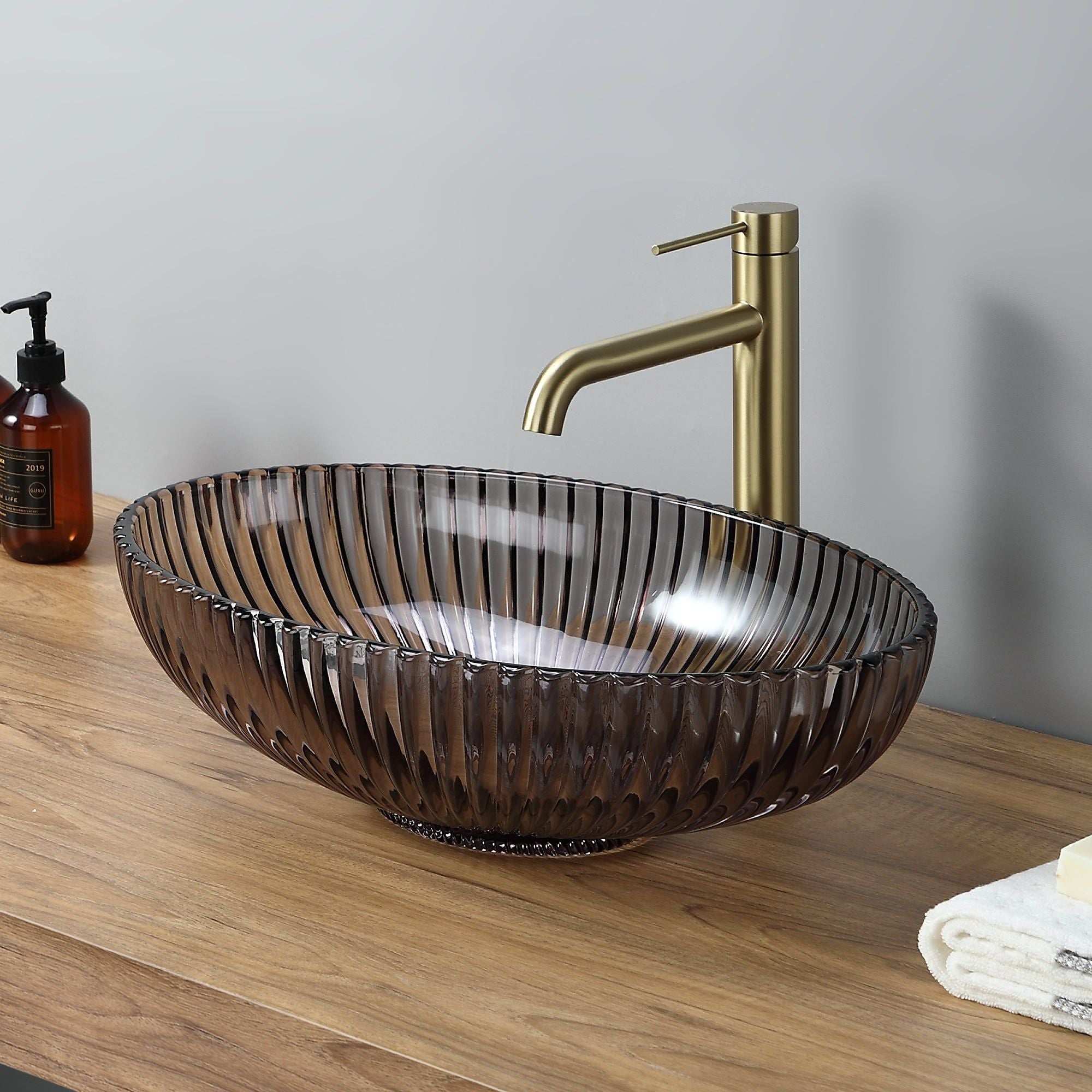 Vasque ovale en verre marron rayé (51x35x15,5cm)