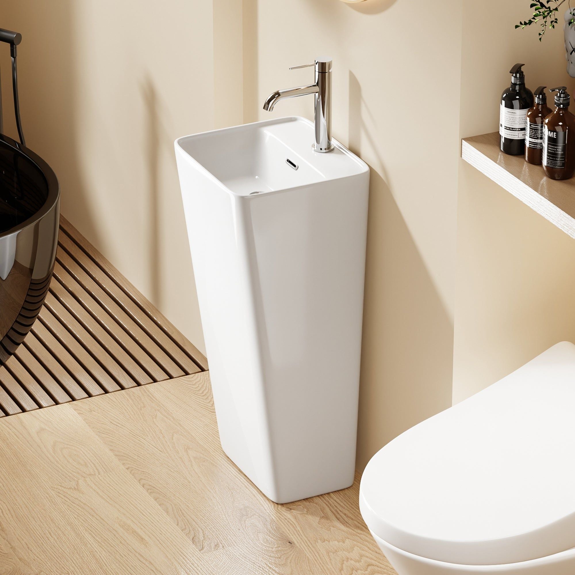 Lavabo Totem Blanc Carré : Lavabo sur colonne carré blanc moderne avec robinet chromé