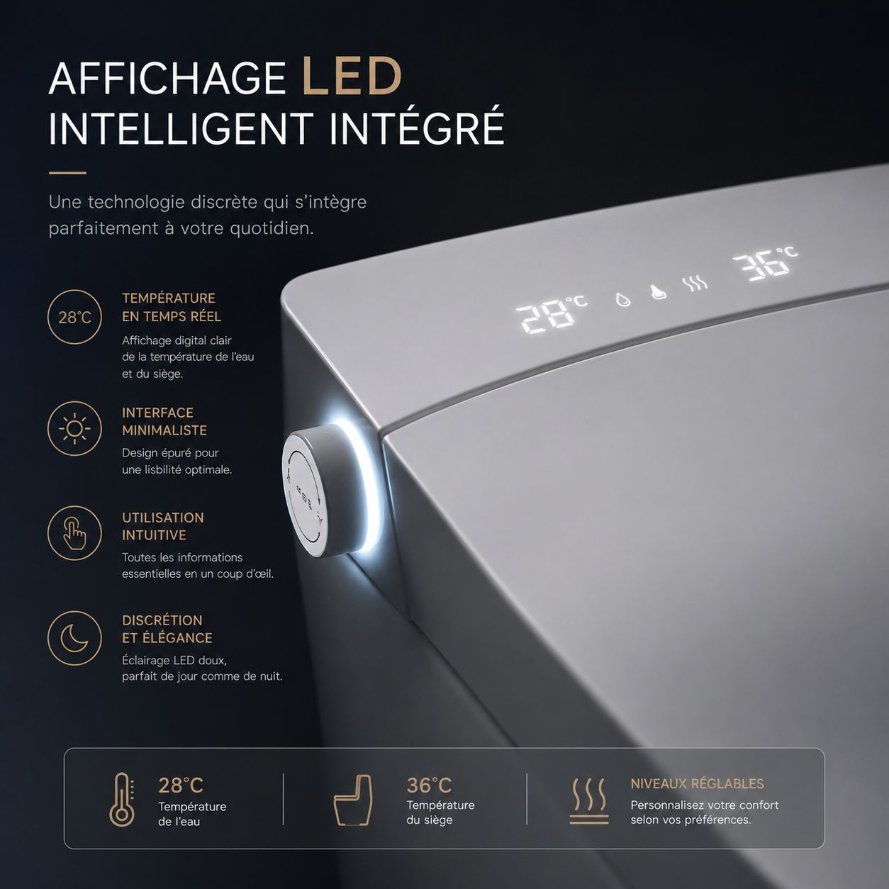 WC Intelligent Japonais T5 : Affichage LED intégré, température de l'eau et du siège, design épuré et éclairage élégant