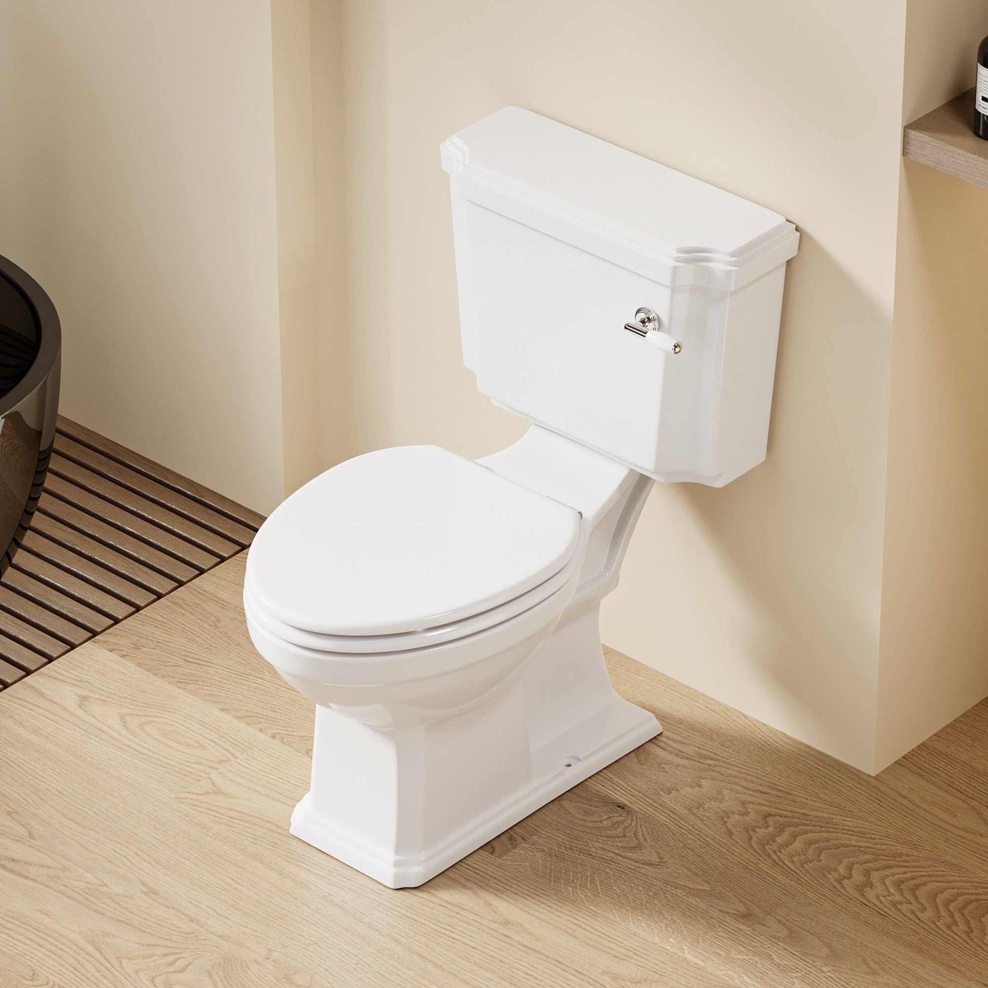 WC Victoria : toilettes sur pied au style rétro victorien, en céramique blanche.