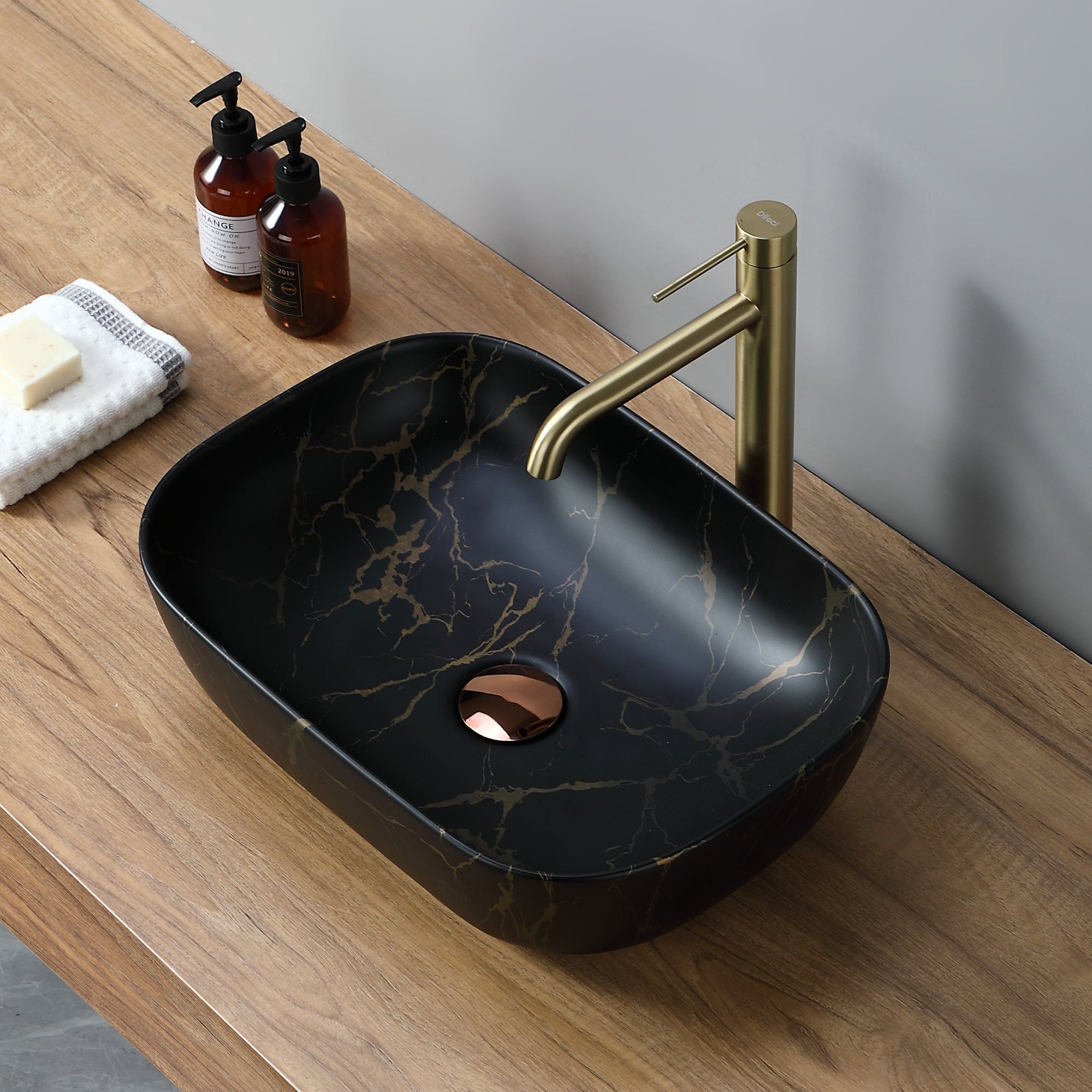 Lavabo rectangulaire volcanique noir (46x32cm) : Lavabo de salle de bain moderne effet marbre doré