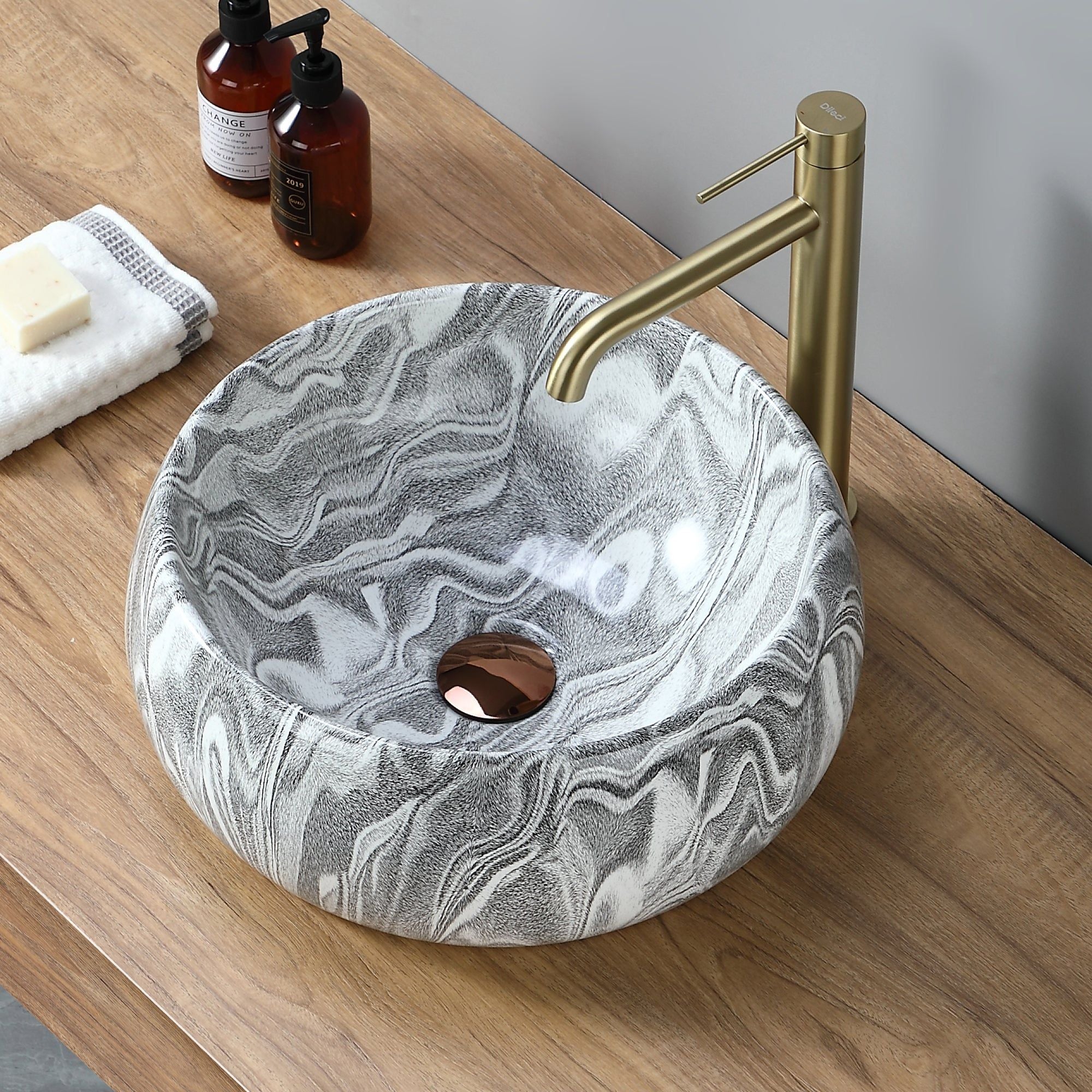 Lavabo rond en céramique grise à rayures zébrées (diamètre 40 cm)