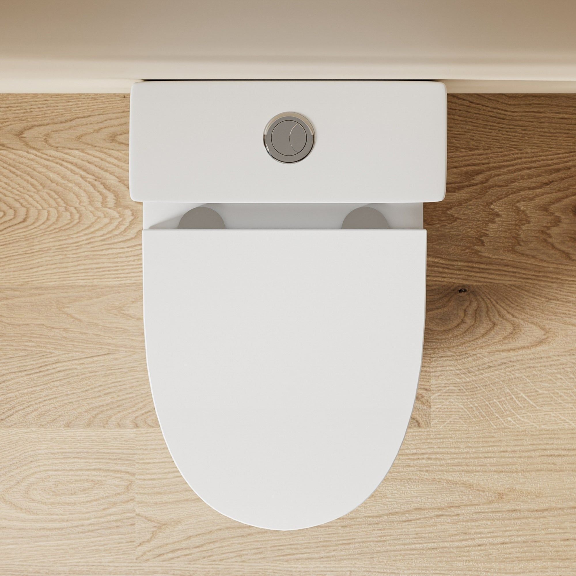 WC Ultra Compact à Poser - Sortie Horizontale, vue de dessus sur un sol en bois