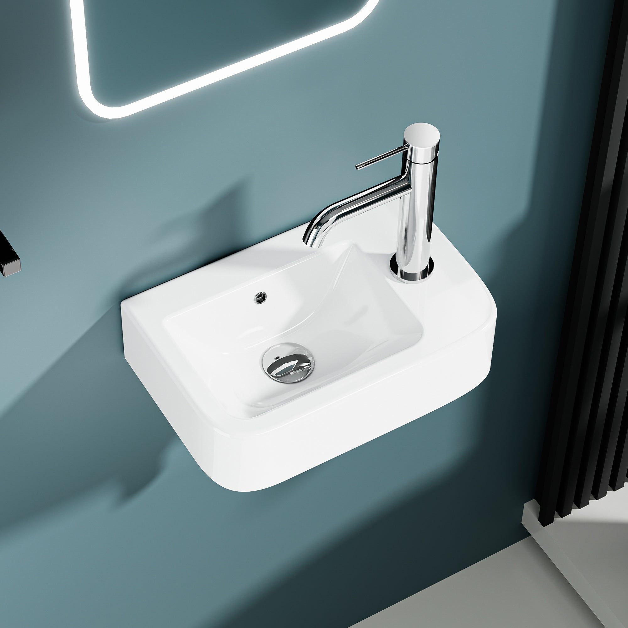 Vasque lave-mains compacte BRUNO en céramique blanche, installation murale, sortie droite, 37x24,5cm.