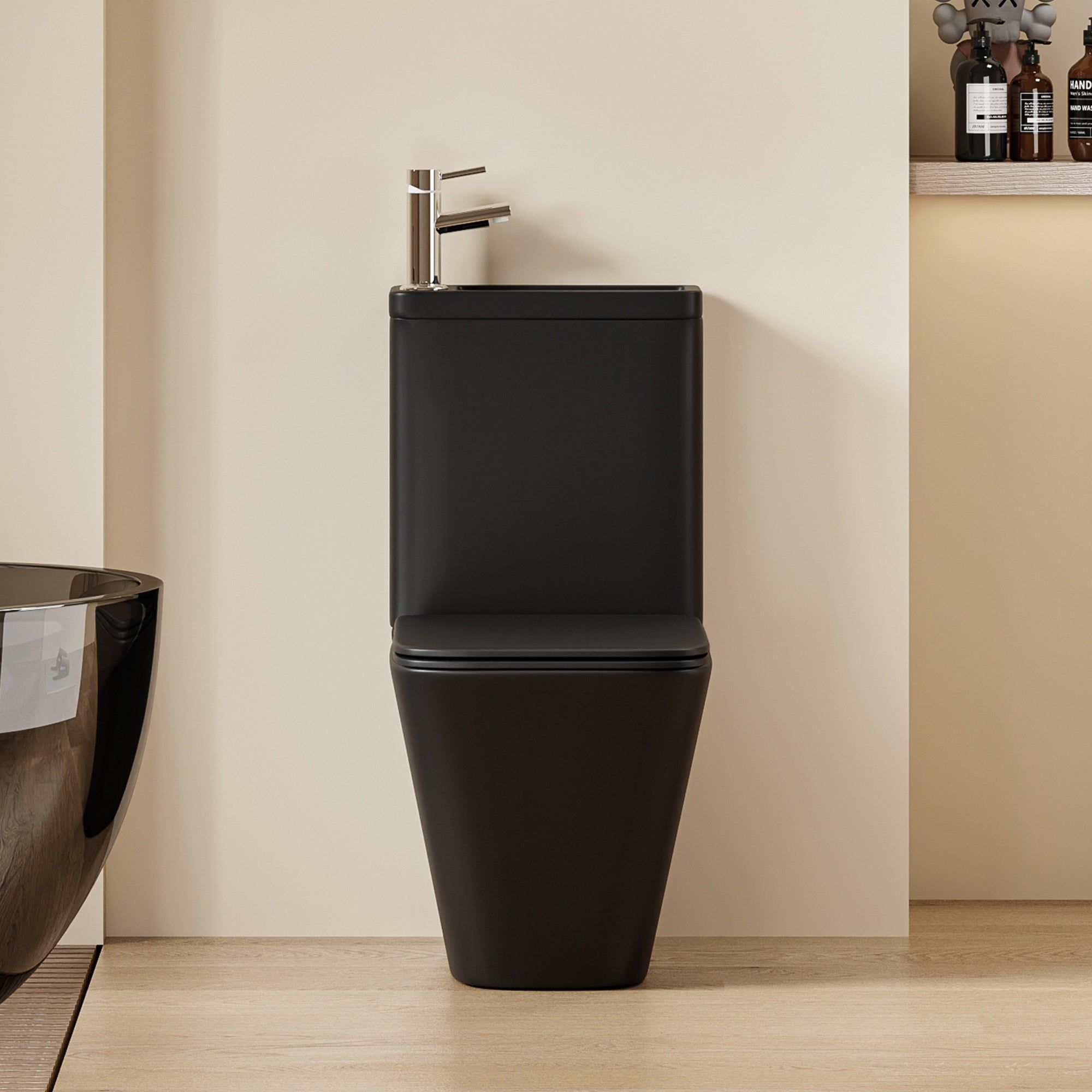 WC 2 en 1 noir - Design carré : WC noir compact avec lavabo intégré. Design carré moderne.