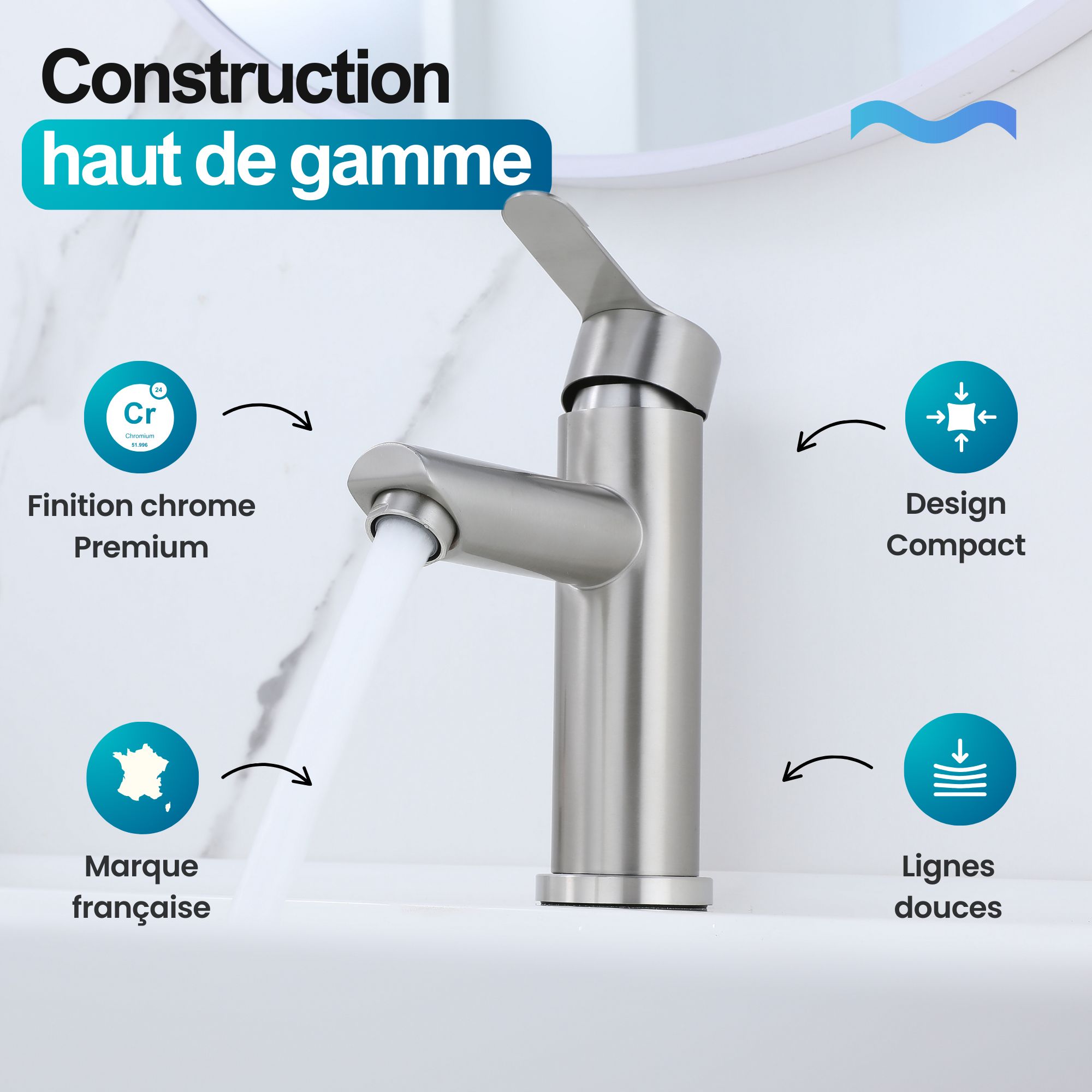Robinet compact lave-mains chrome : Finition chromée premium, design compact, lignes épurées. Robinet de fabrication française.
