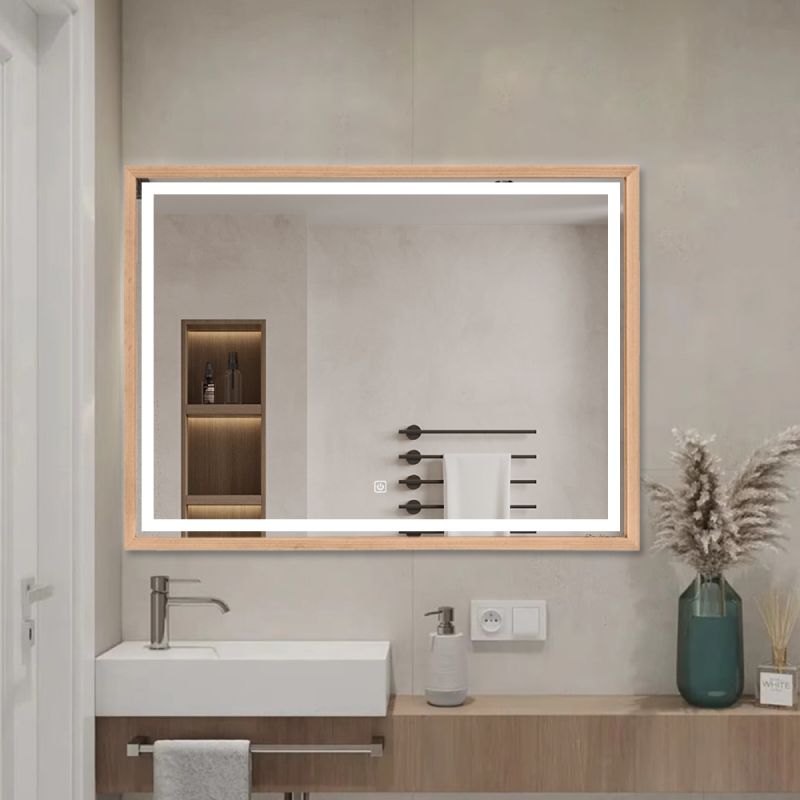 Miroir mural LED avec cadre bois: Élégant miroir de salle de bain rectangulaire avec éclairage LED intégré et cadre en bois.
