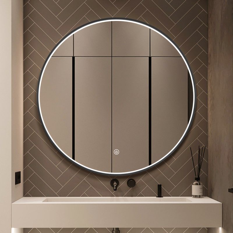 Miroir rond LED avec cadre aluminium noir ⌀70cm : Grand miroir rond LED avec un cadre en aluminium noir, parfait pour les salles de bain ou les dressings.