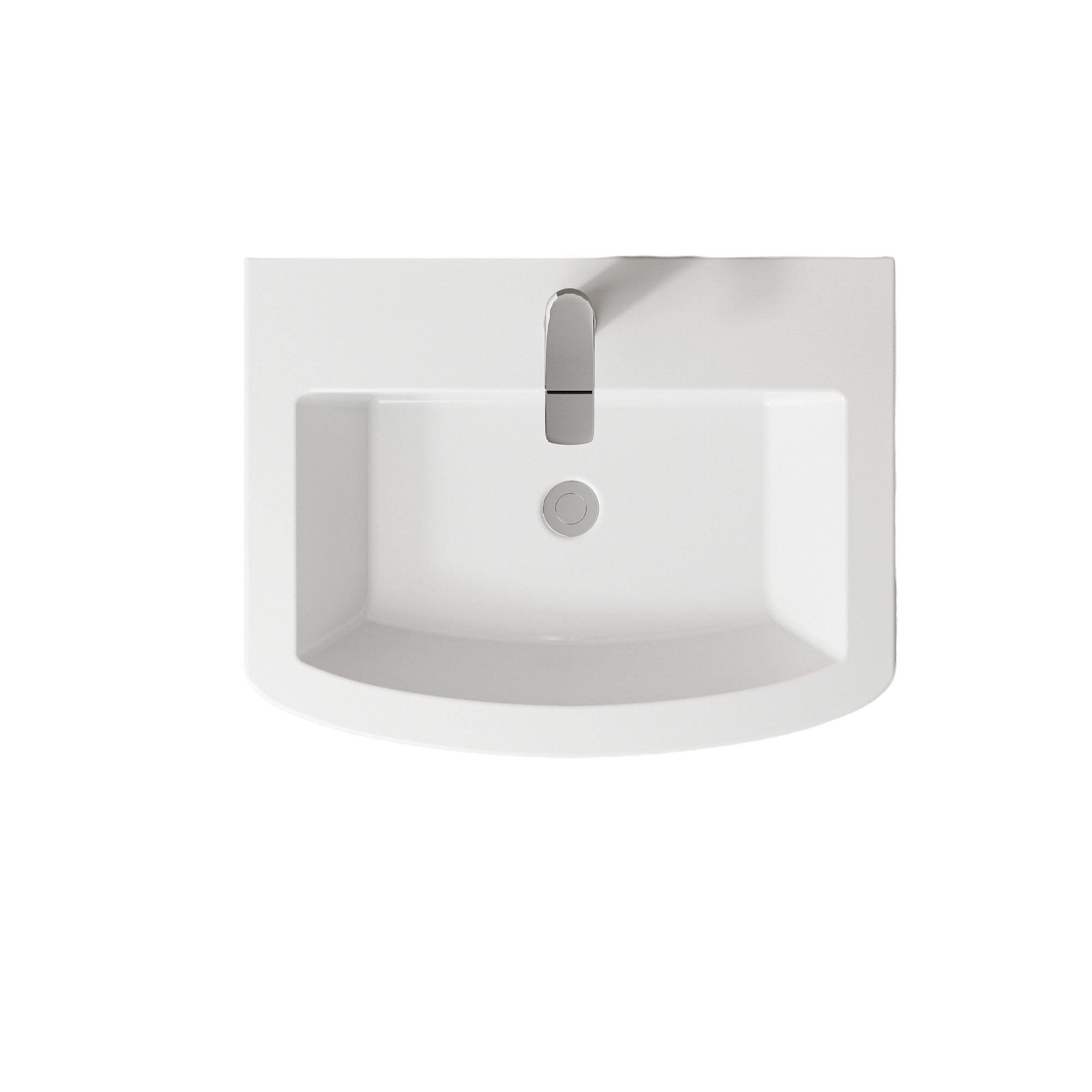 Lavabo colonne sur pied en céramique blanche, design carré arrondi avec robinetterie argentée.