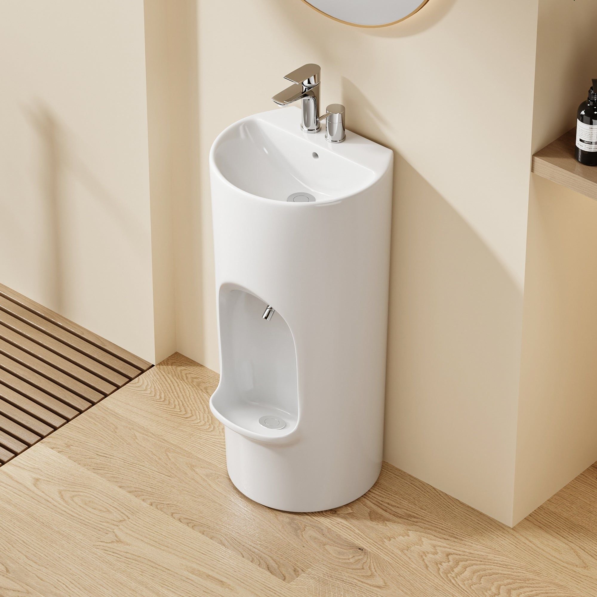 Lavabo de salle de bain sur pied Riyad : Design moderne et rond en céramique avec étagère intégrée.