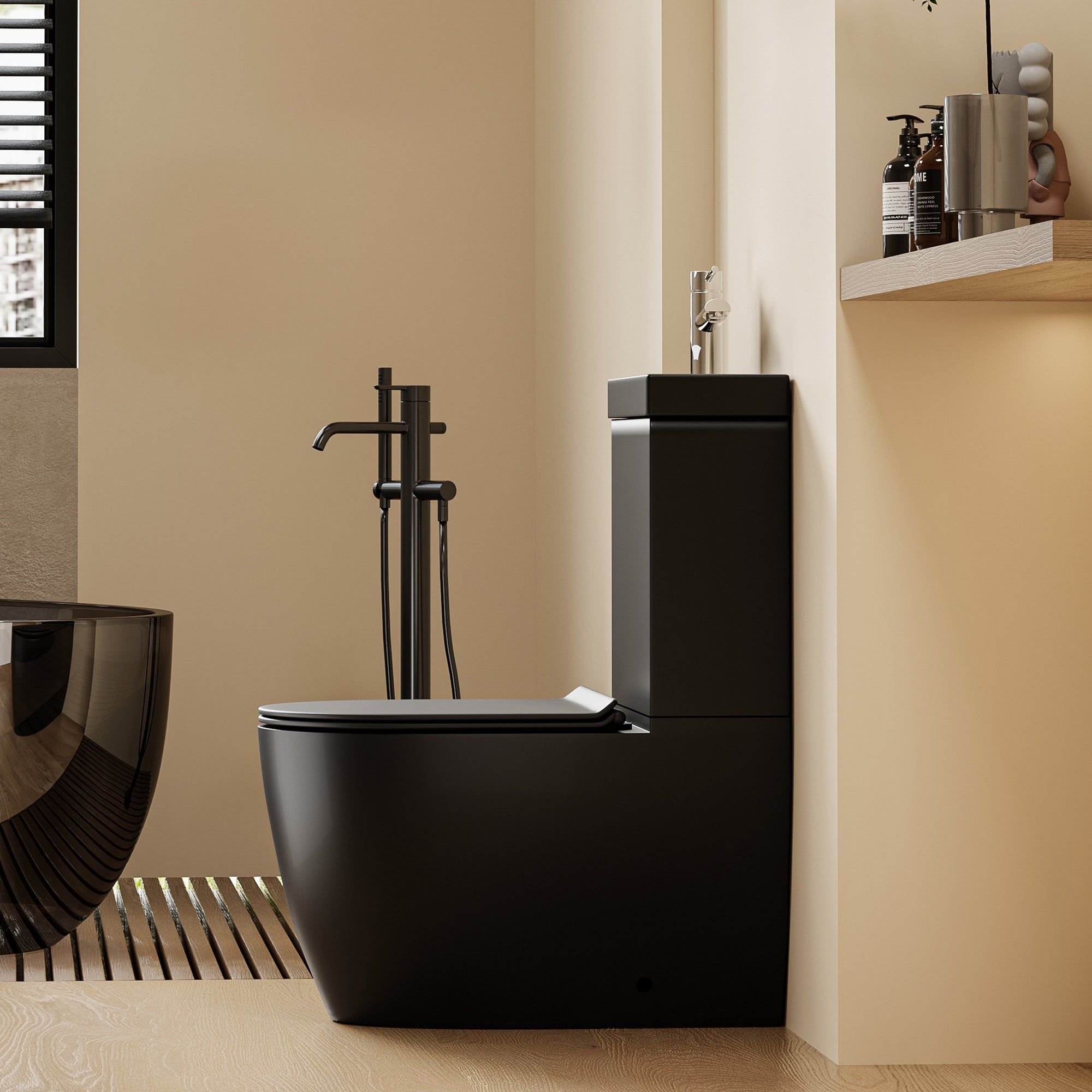WC 2 en 1 Noir - Ensemble WC et lavabo noir moderne au design arrondi