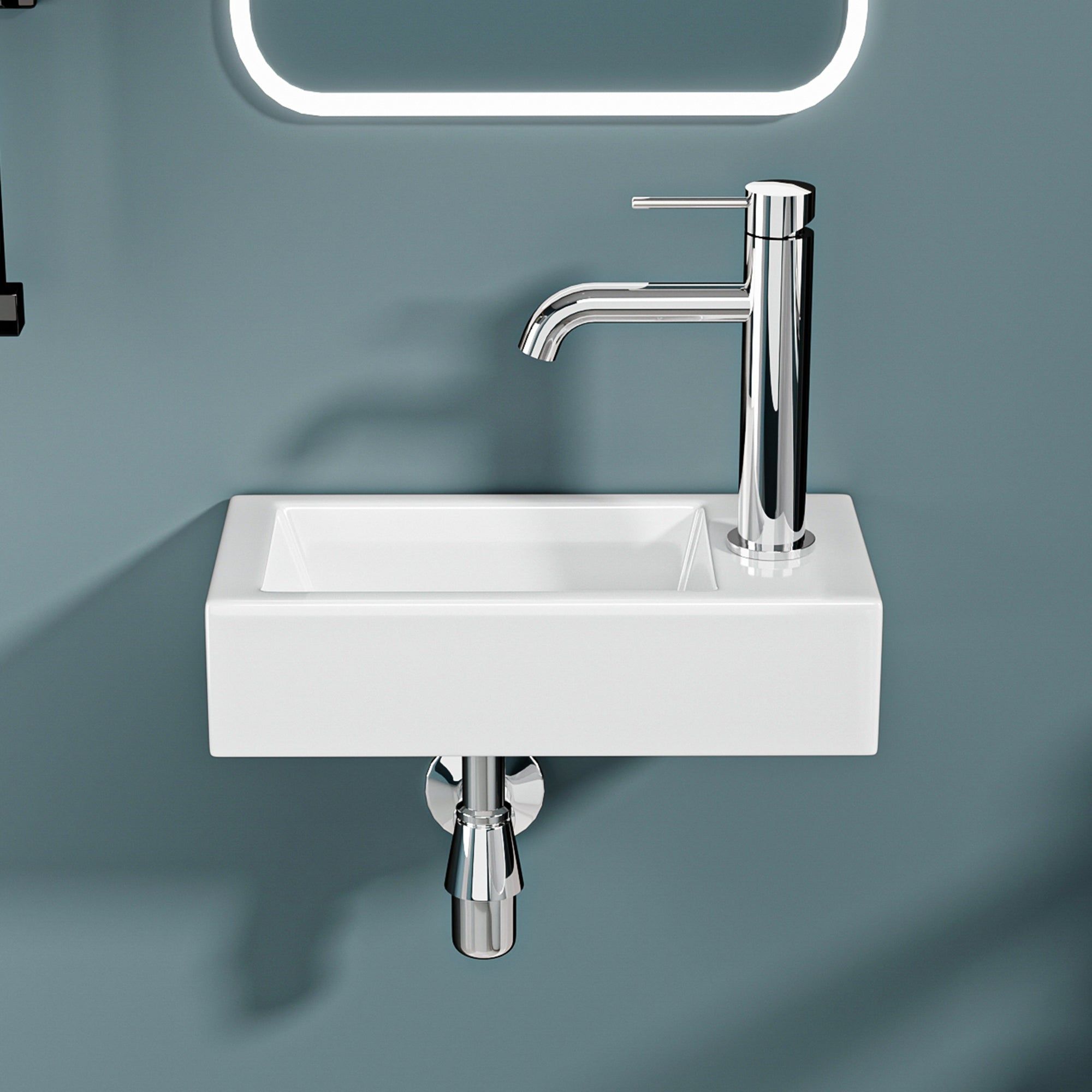 Vasque lave-mains sortie droite : Lavabo mural compact blanc (36,5 x 18 x 9 cm) avec robinet chromé
