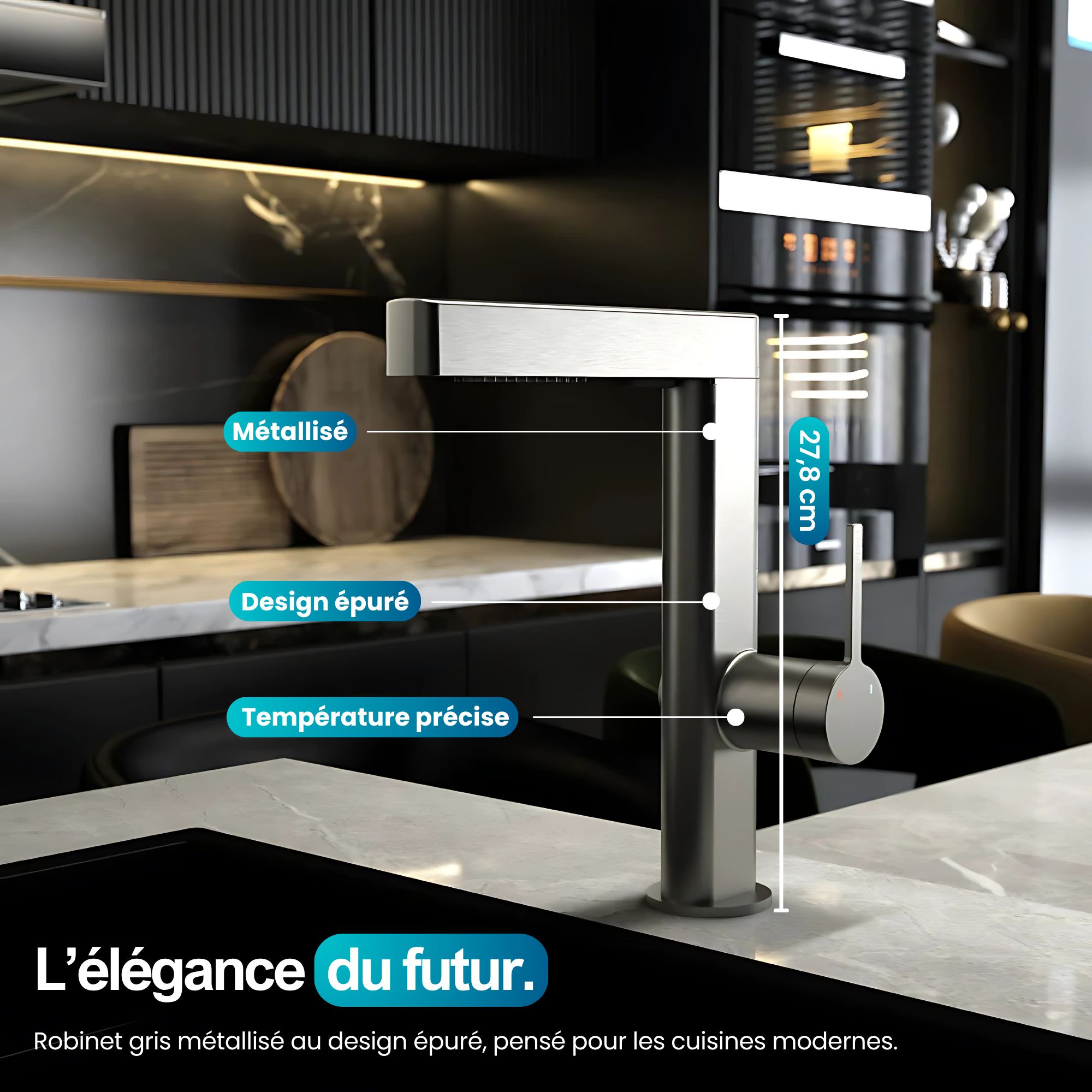 Robinet moderne multifonction gris métallisé: élégant robinet de cuisine au design épuré, finition métalisée, hauteur 27,8 cm.
