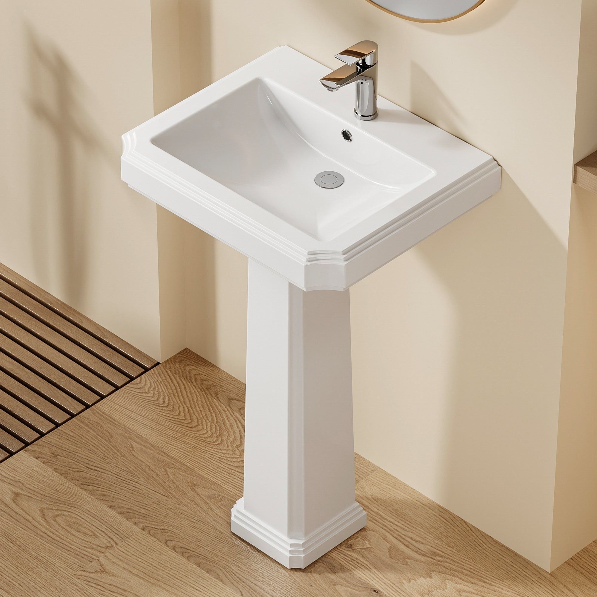 Lavabo colonne sur pied Chelsea Retro Blanc, vasque blanche avec robinetterie chromée