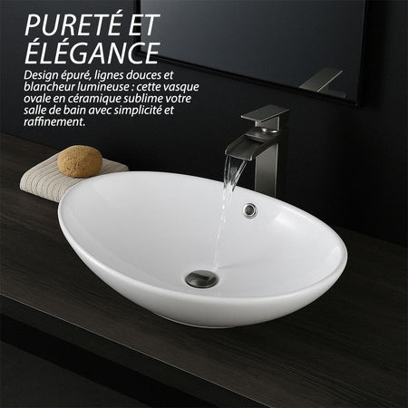 Vasque à poser Ovale Blanc en céramique: Elegant white ceramic oval vessel sink, perfect for modern bathrooms.