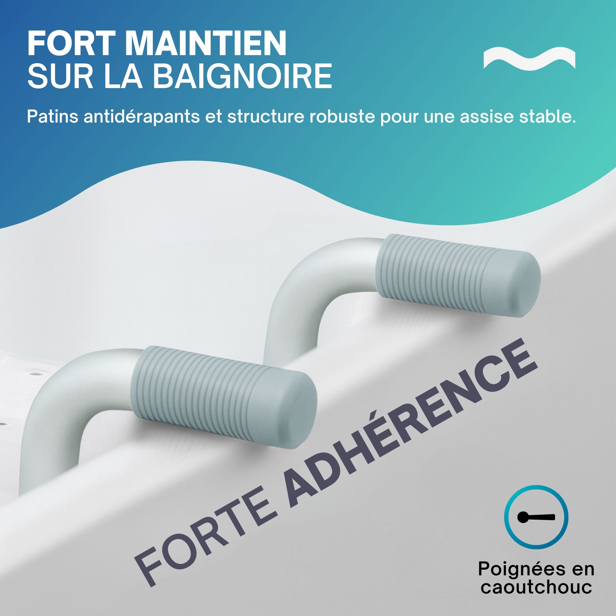 Siège de baignoire PMR: barres d'appui robustes avec poignées en caoutchouc antidérapant pour une sécurité accrue dans la baignoire.
