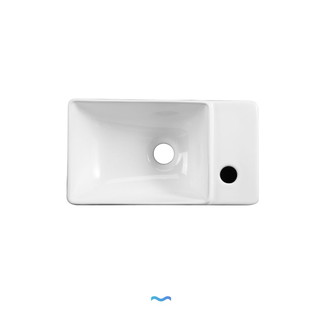 Lavabo vasque rectangulaire en céramique blanche, Lavabo lave-mains petit format rectangulaire blanc, avec support de robinet monotrou et bonde de trop-plein.