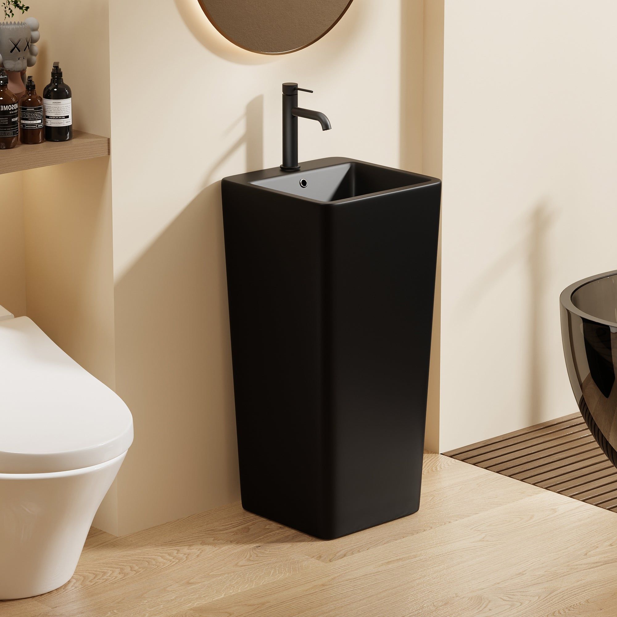 Lavabo Totem noir Carré arrondie : Lavabo de salle de bain sur pied noir moderne au design carré-arrondi.