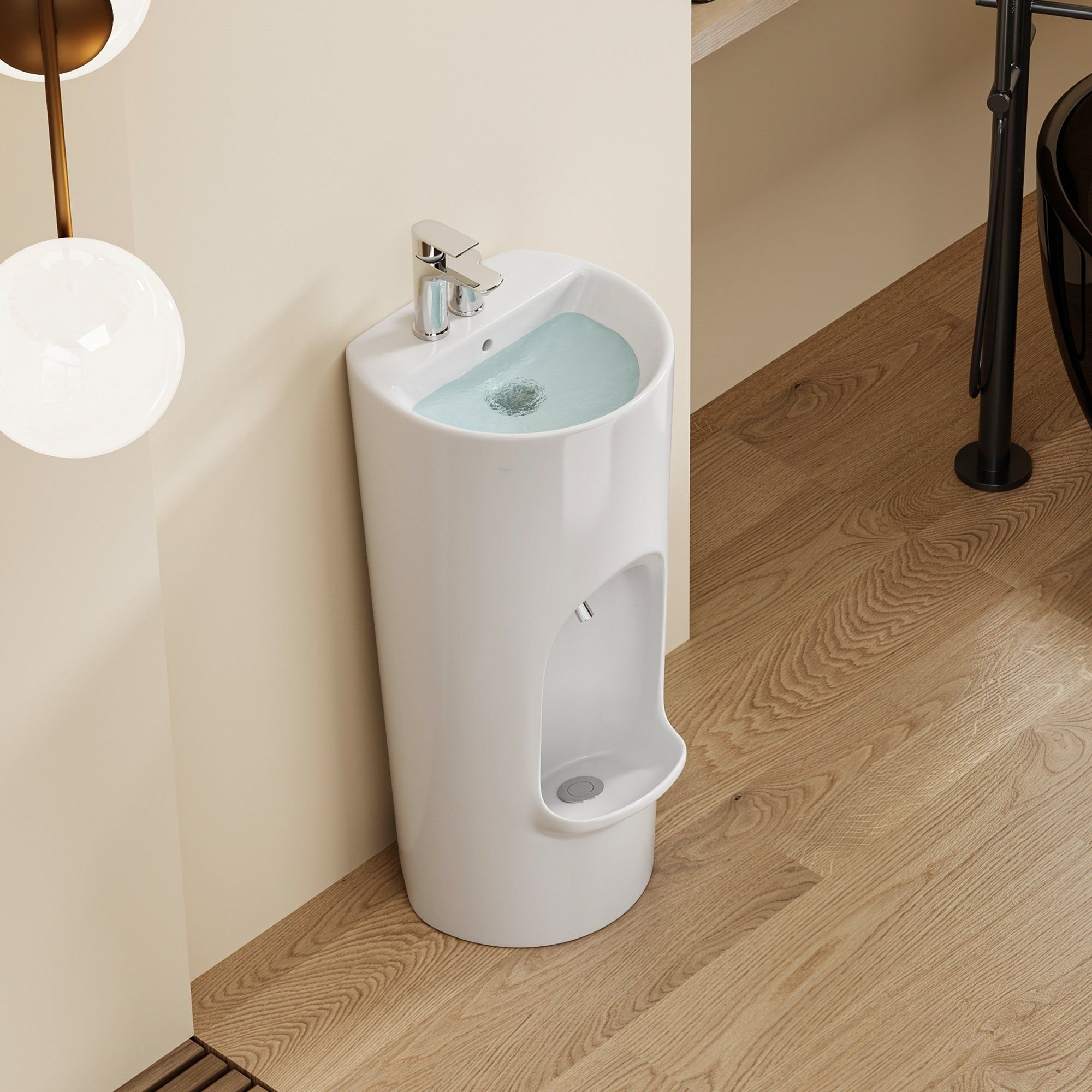 Lavabo d'ablutions Riyad blanc au design rond et fin, avec robinetterie chromée.