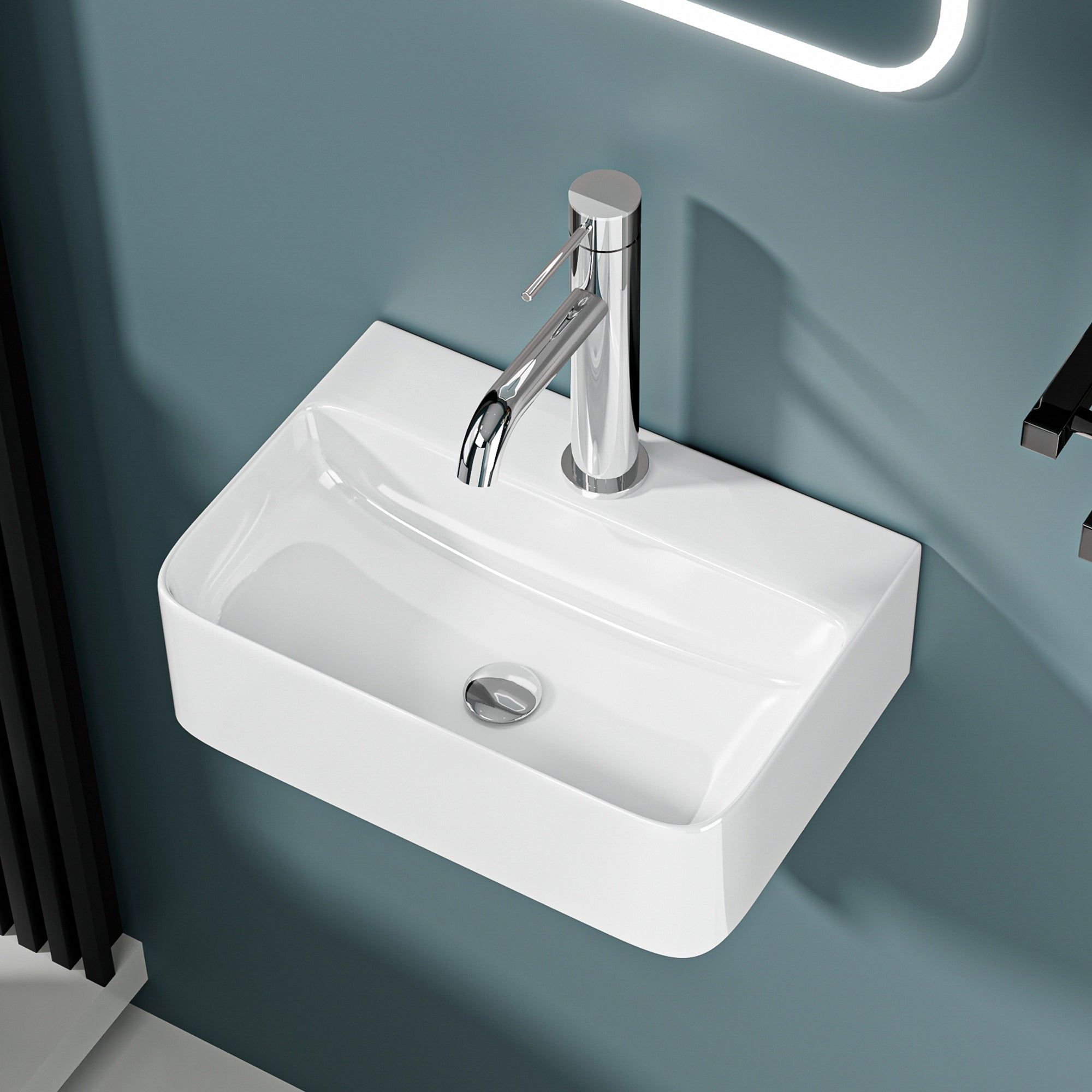 Vasque lave-mains suspendu blanc (36x25x11) : Lavabo mural moderne en céramique blanche avec robinet chromé
