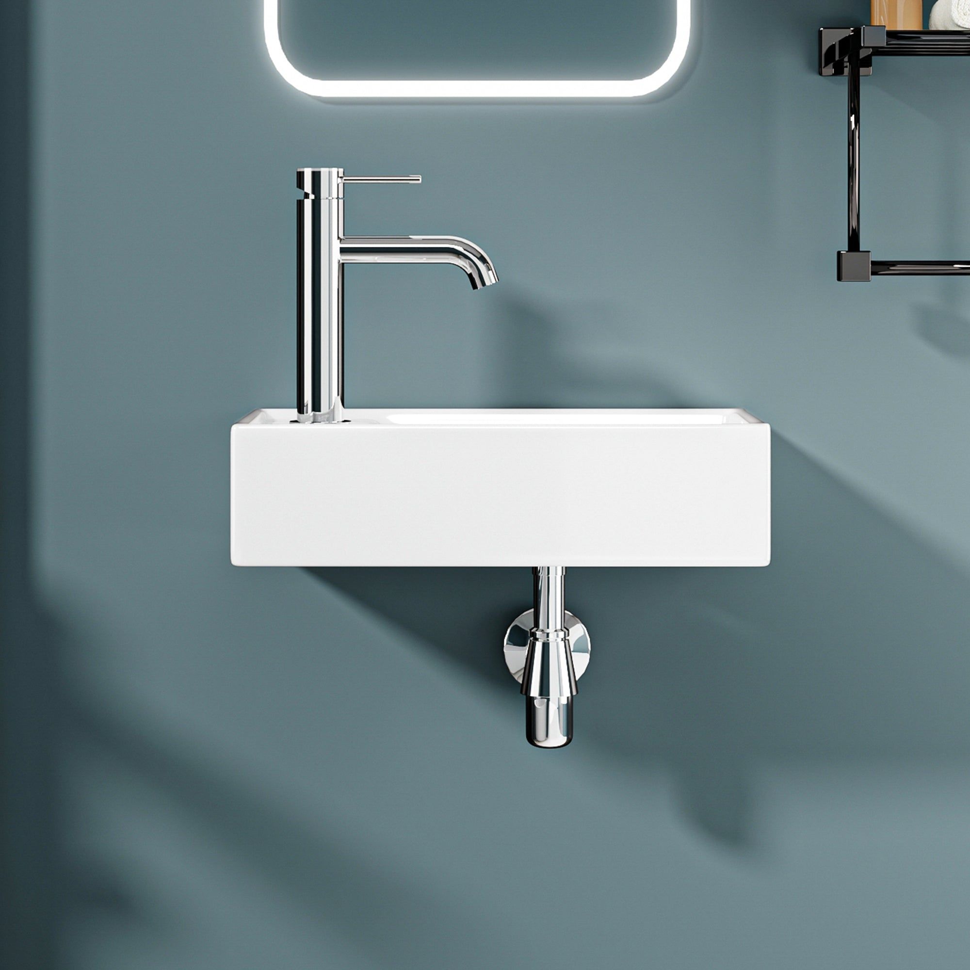 Lavabo de salle de bain rectangulaire mural (41,5x22x10cm) avec robinet chromé