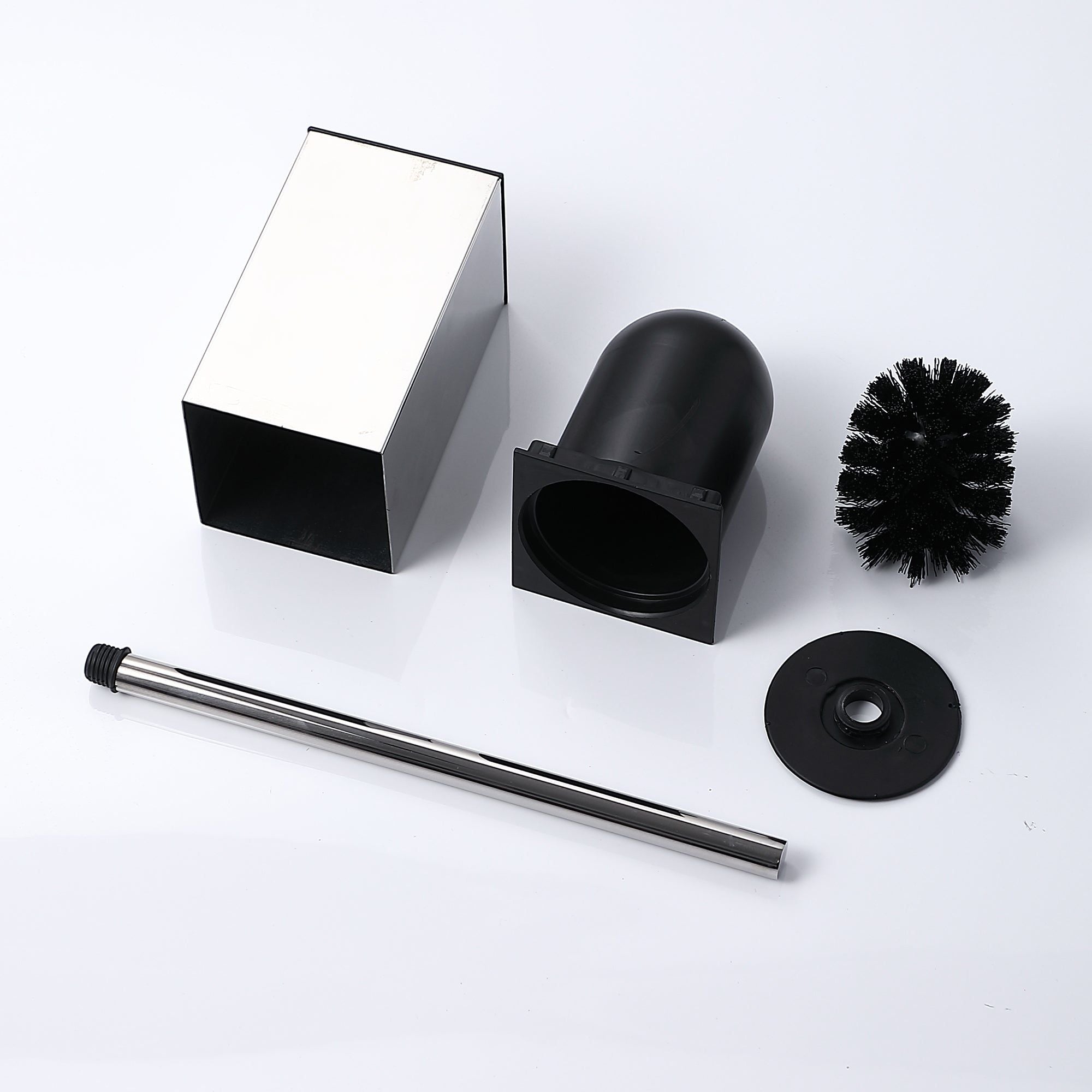 Brosse WC carrée Chrome : ensemble avec manche, support, couvercle et tête de brosse