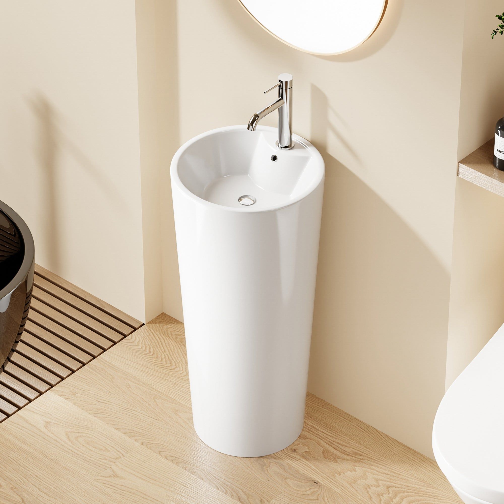 Lavabo Totem Design Rond et Épuré Blanc: Modern white pedestal sink with round bowl, sleek chrome faucet