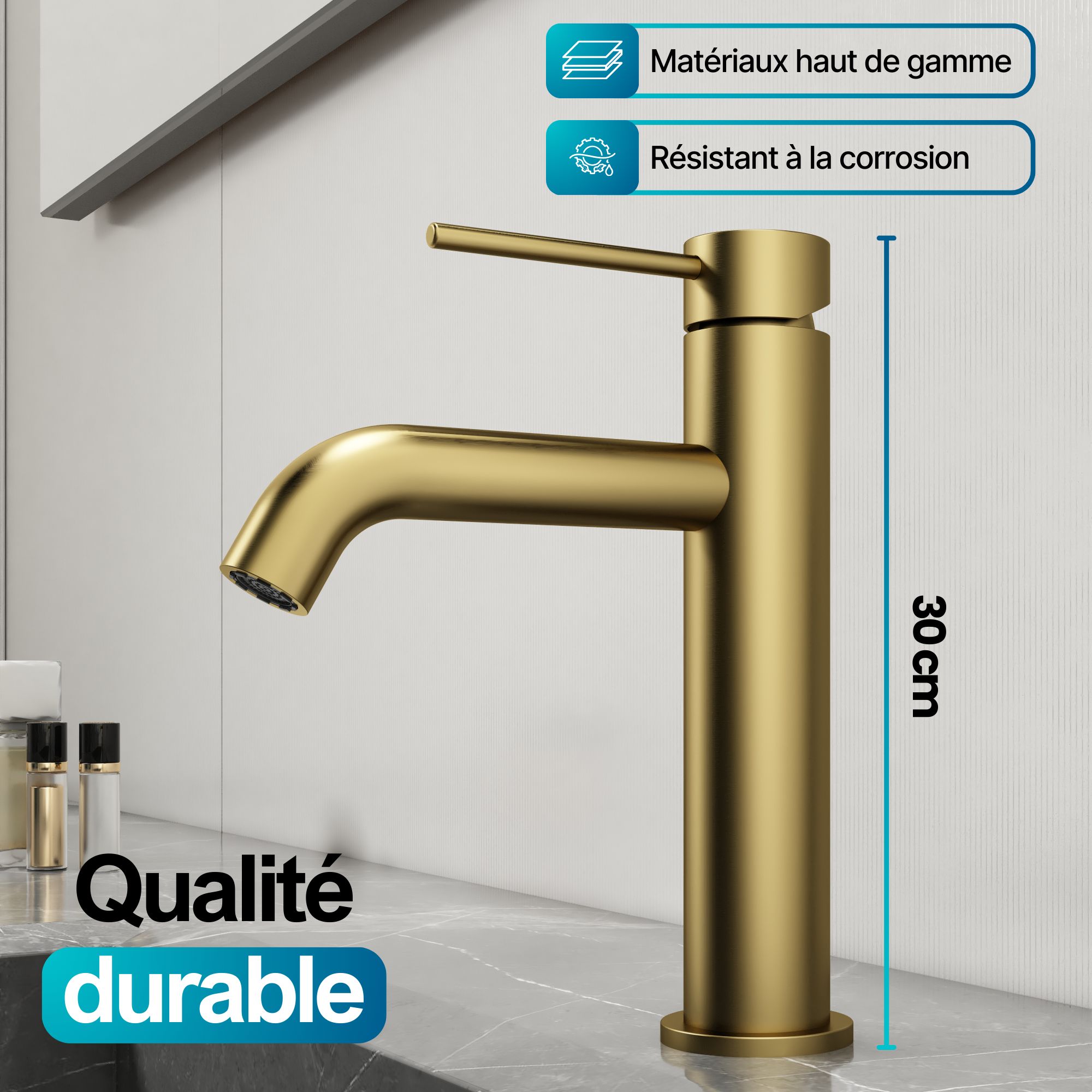 Robinet à bec moyen pour salle de bain couleur or: Élégant robinet de salle de bain doré, résistant à la corrosion, design moderne.