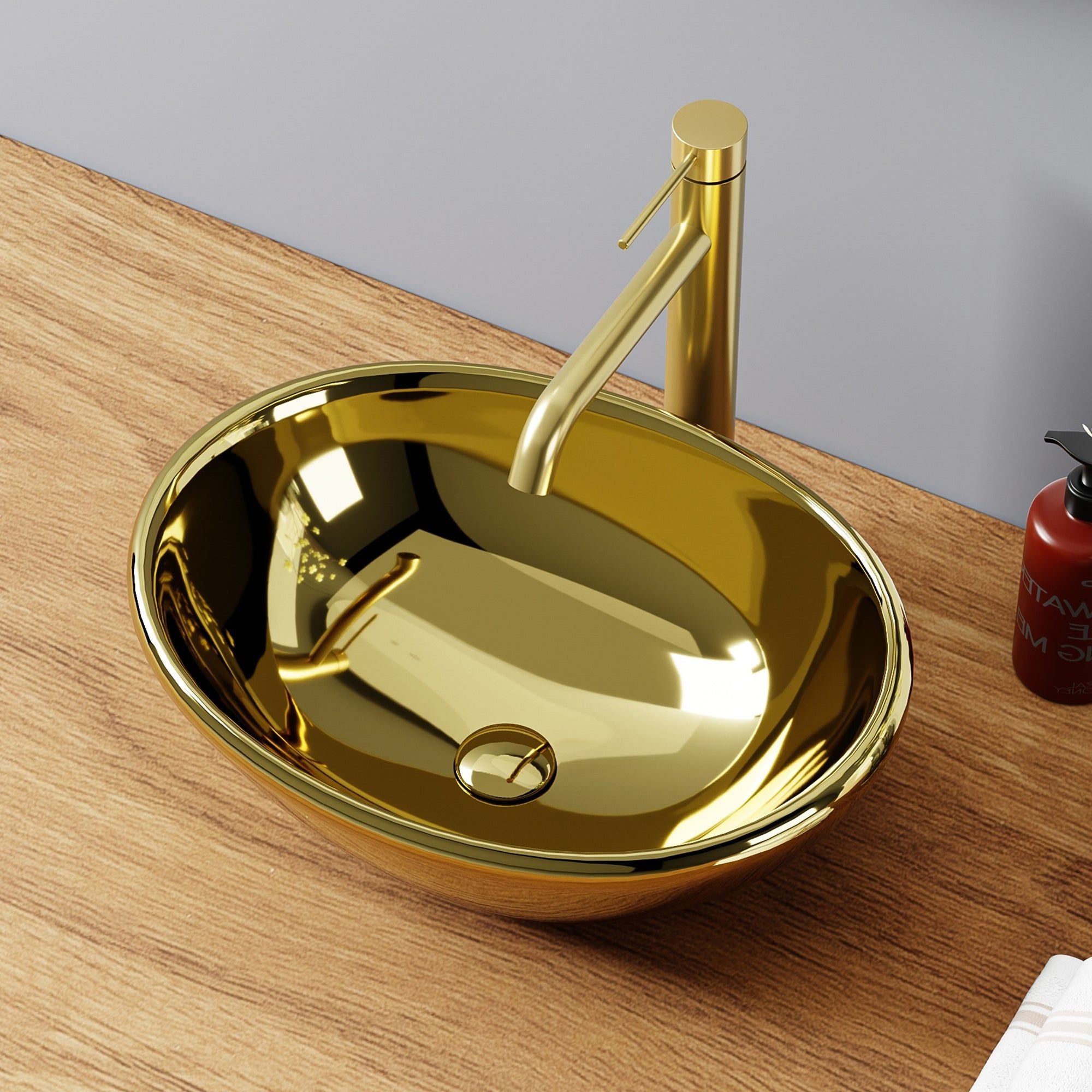 Lavabo de salle de bain ovale doré (41,5 x 33,5 cm) avec robinet doré moderne