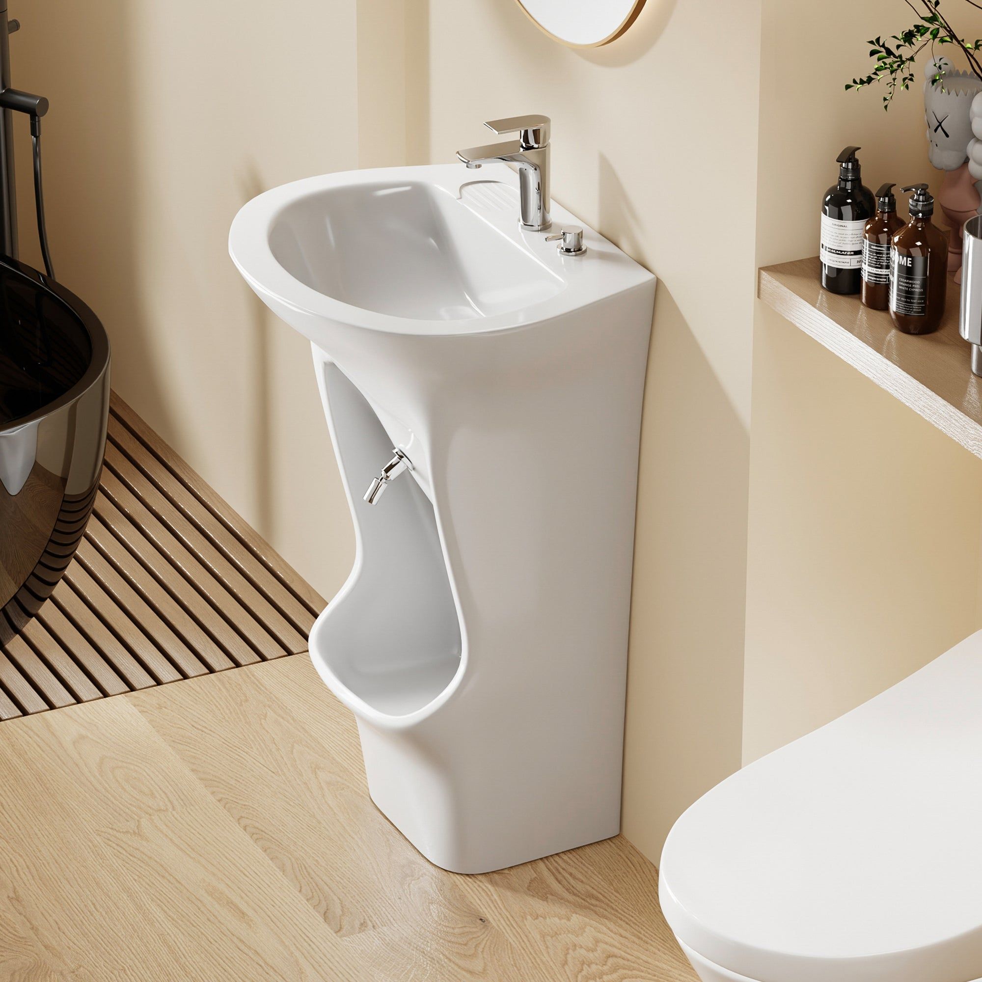 Lavabo d'ablutions - Bassin Lavage des pieds Wudu : Lavabo sur pied blanc moderne avec bassin de lavage des pieds intégré, parfait pour le wudu.