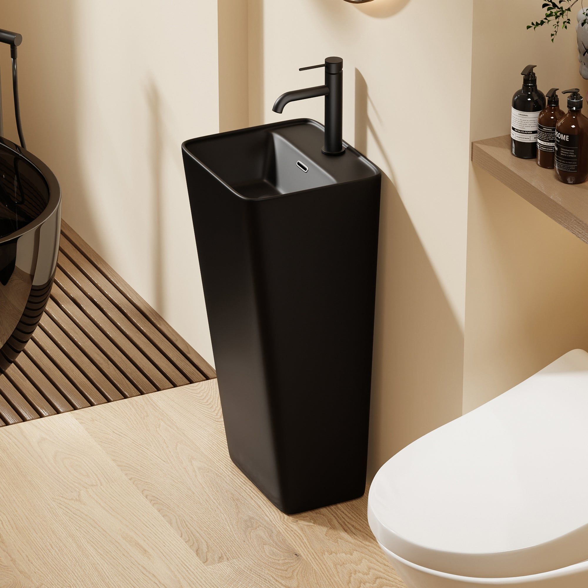Lavabo Totem Noir Carré : Lavabo carré noir sur pied avec robinet moderne