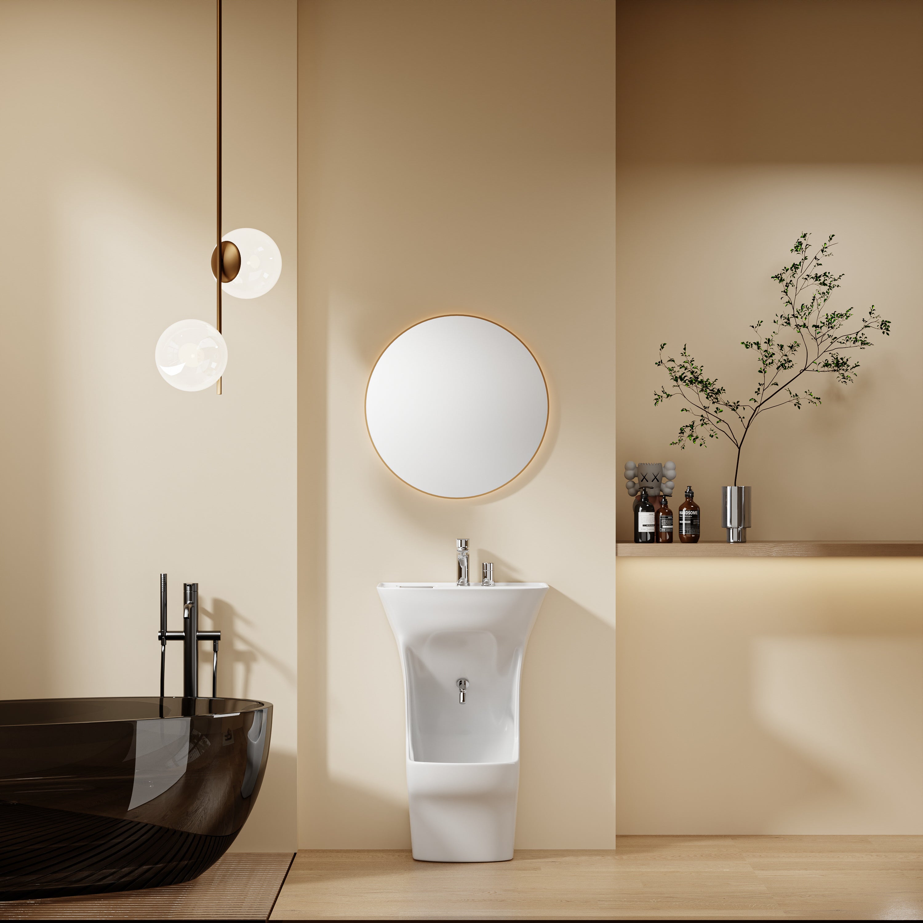 Lavabo d'angle blanc au design arrondi, avec porte-savon intégré, dans une salle de bain moderne.