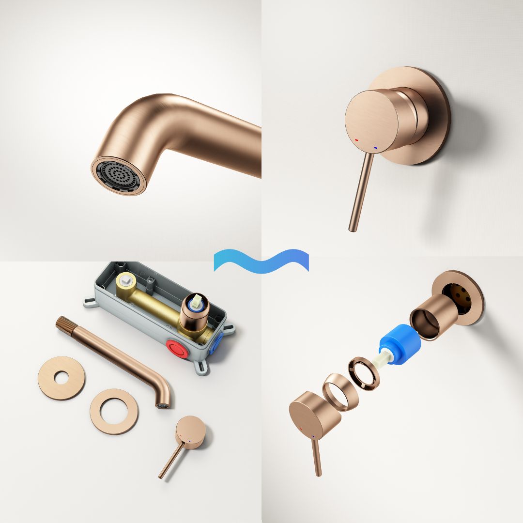 Robinet à bec encastré thermostatique couleur cuivre: Close-up of a modern, thermostatic, copper-colored built-in faucet. Includes detailed shots of components.