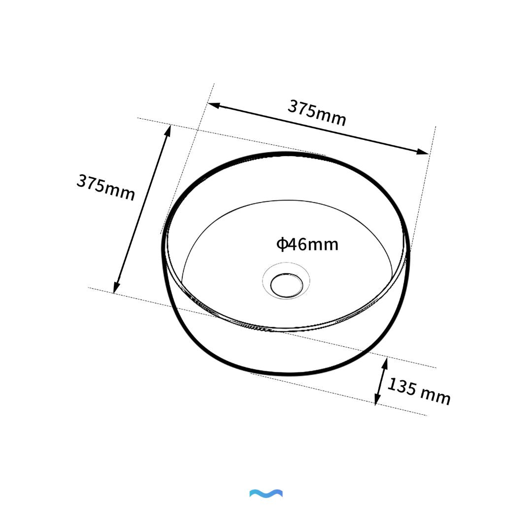 Vasque à poser ronde en céramique blanche: 375mm round white ceramic countertop washbasin, 46mm drain, 135mm height