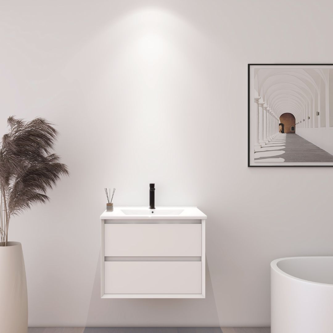 Meuble de salle de bain mural blanc de 60 cm avec lavabo intégré et deux tiroirs